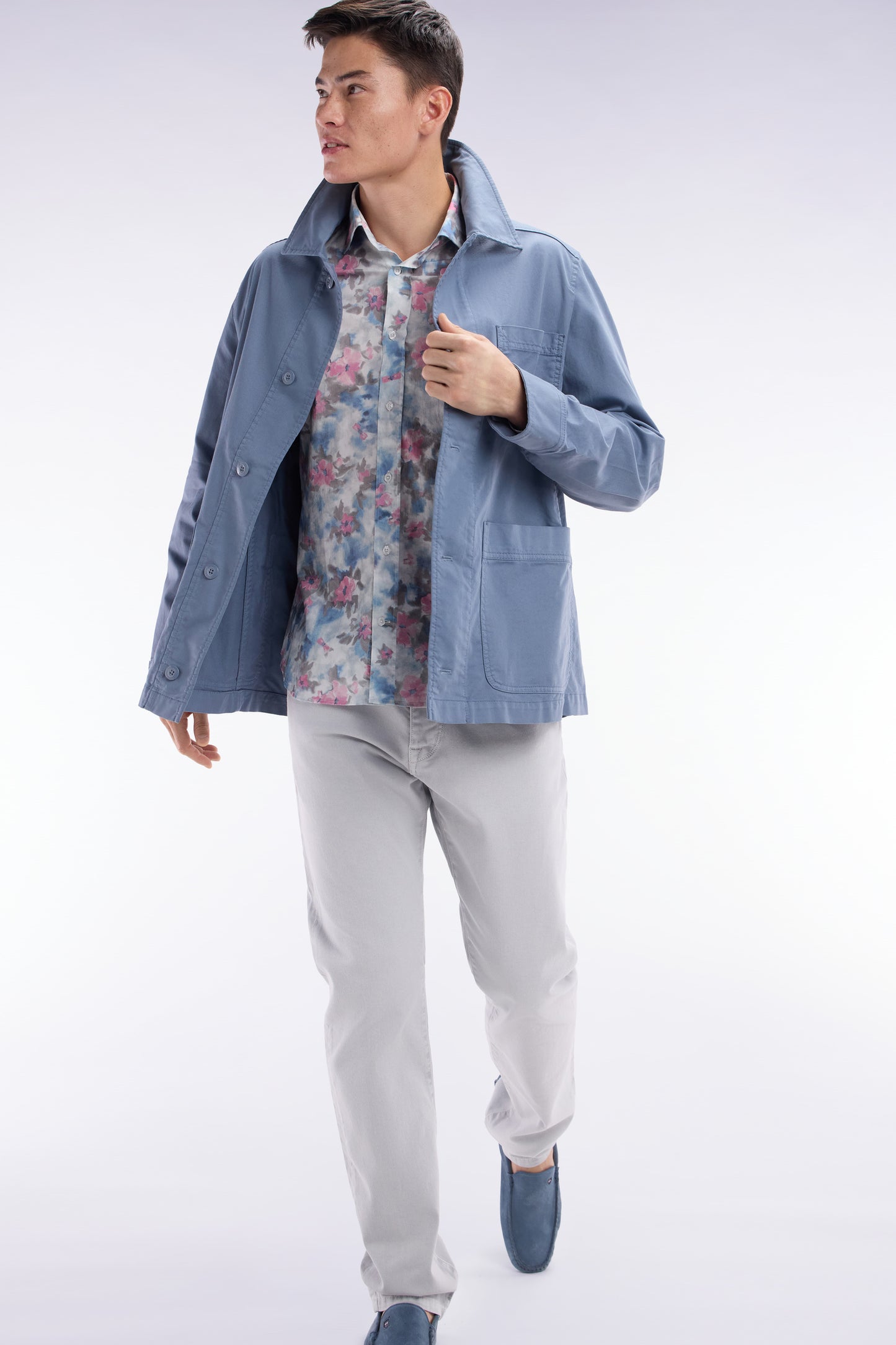 Grey stretch cotton overshirt with patch pockets