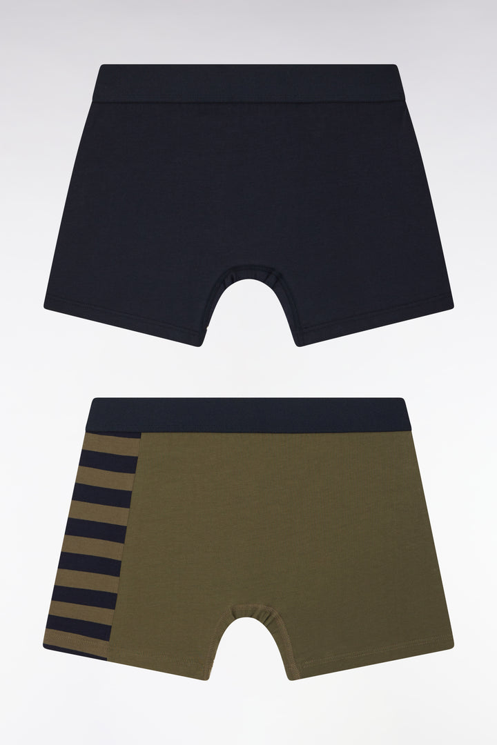 Lot de deux boxers en jersey de coton stretch marine et kaki détails cerclés