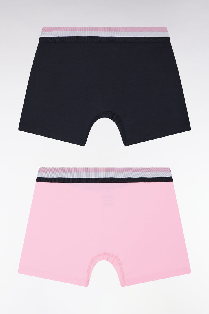 Lot de deux boxers en jersey de coton stretch unis à ceinture élastique tricolore marine et rose