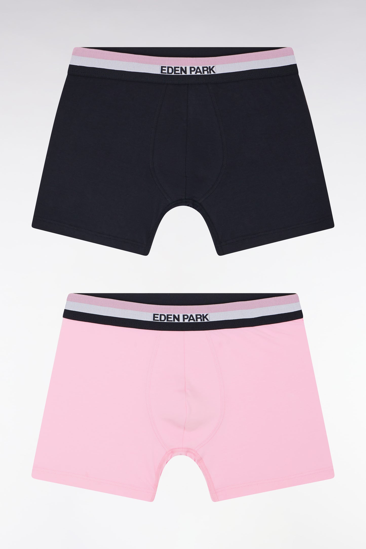 Set of two plain stretch cotton jersey boxers with navy and pink three-tone elastic waistband