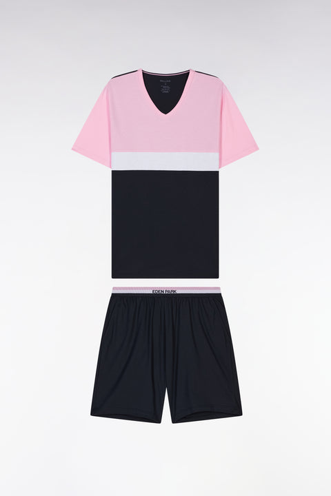 Pyjama court en jersey de coton marine rose et blanc short à détails rayés - Image 1