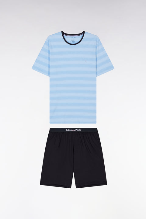 Pyjama court en jersey de coton T-shirt cerclé ciel short marine - Image 1