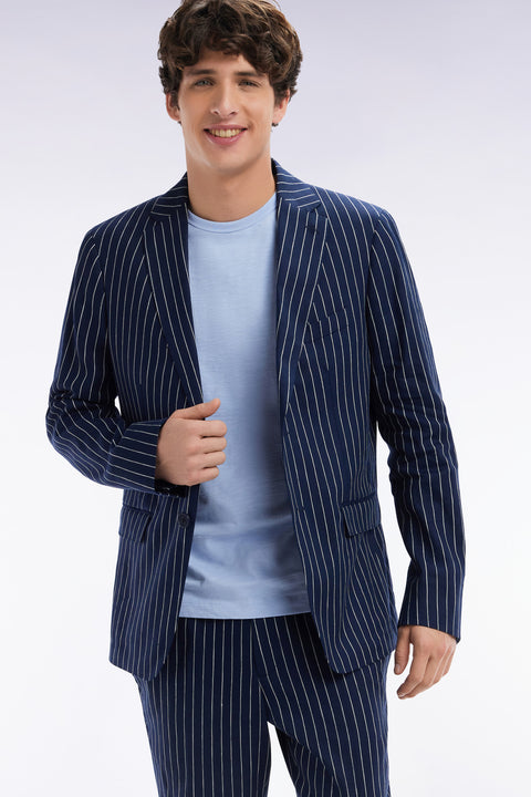 Modern fit navy suit jacket with tennis stripes - Image 3