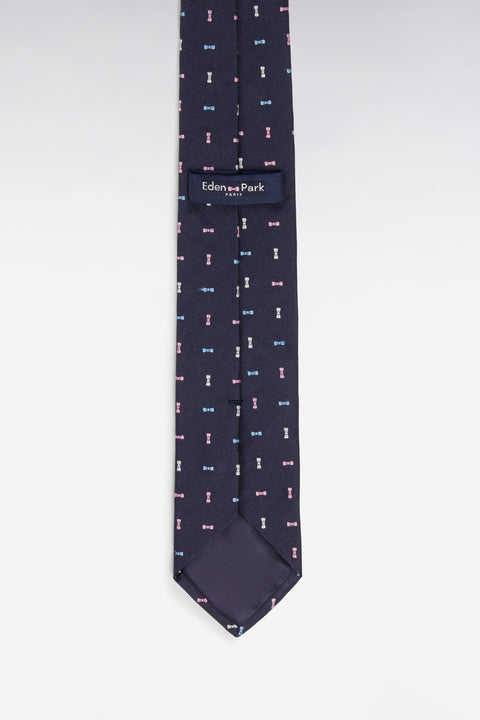 Cravate en soie marine à micromotifs nœuds papillon tricolores - Image 2