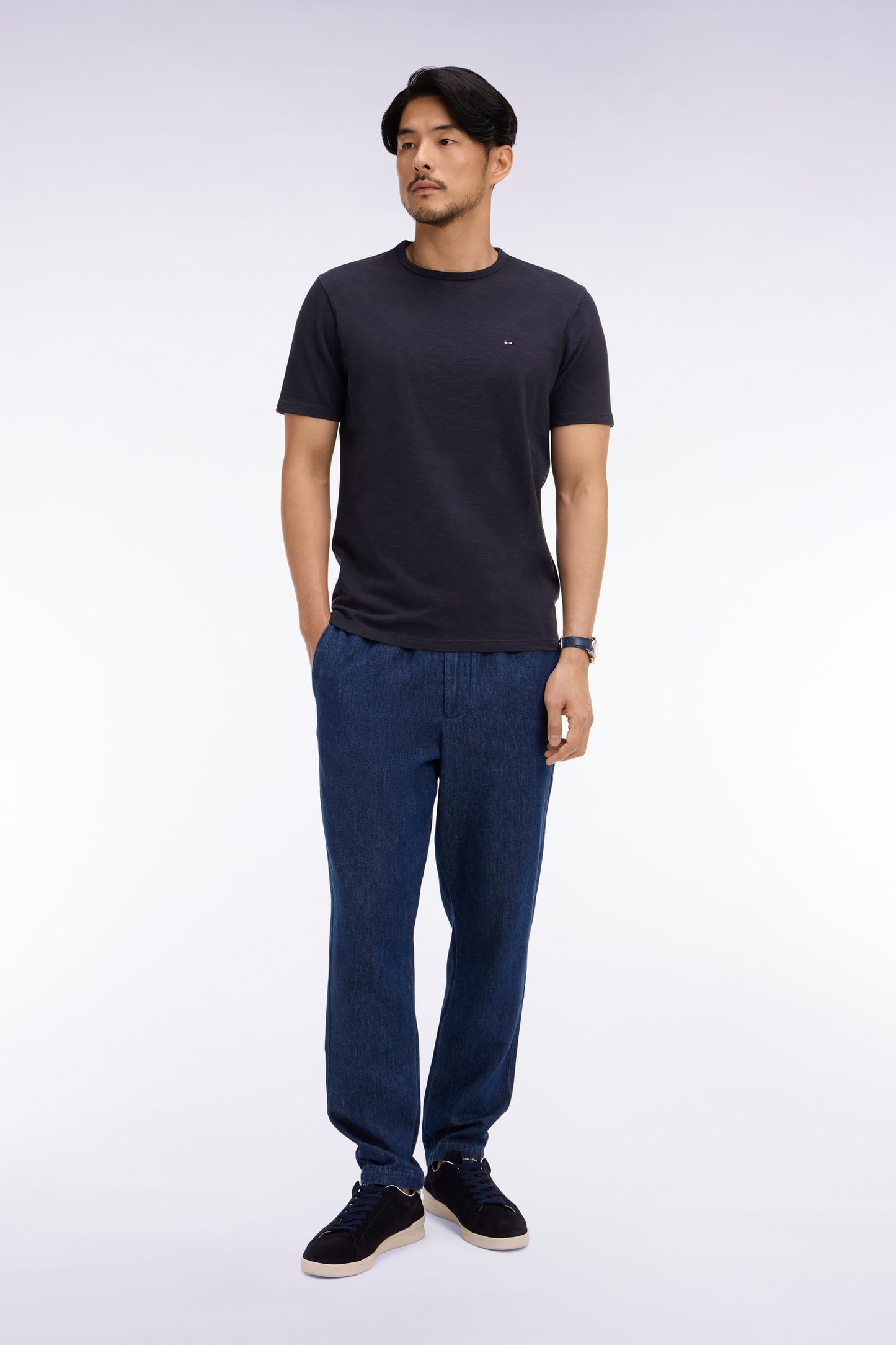 Modern fit blue chambray elasticated waist pants