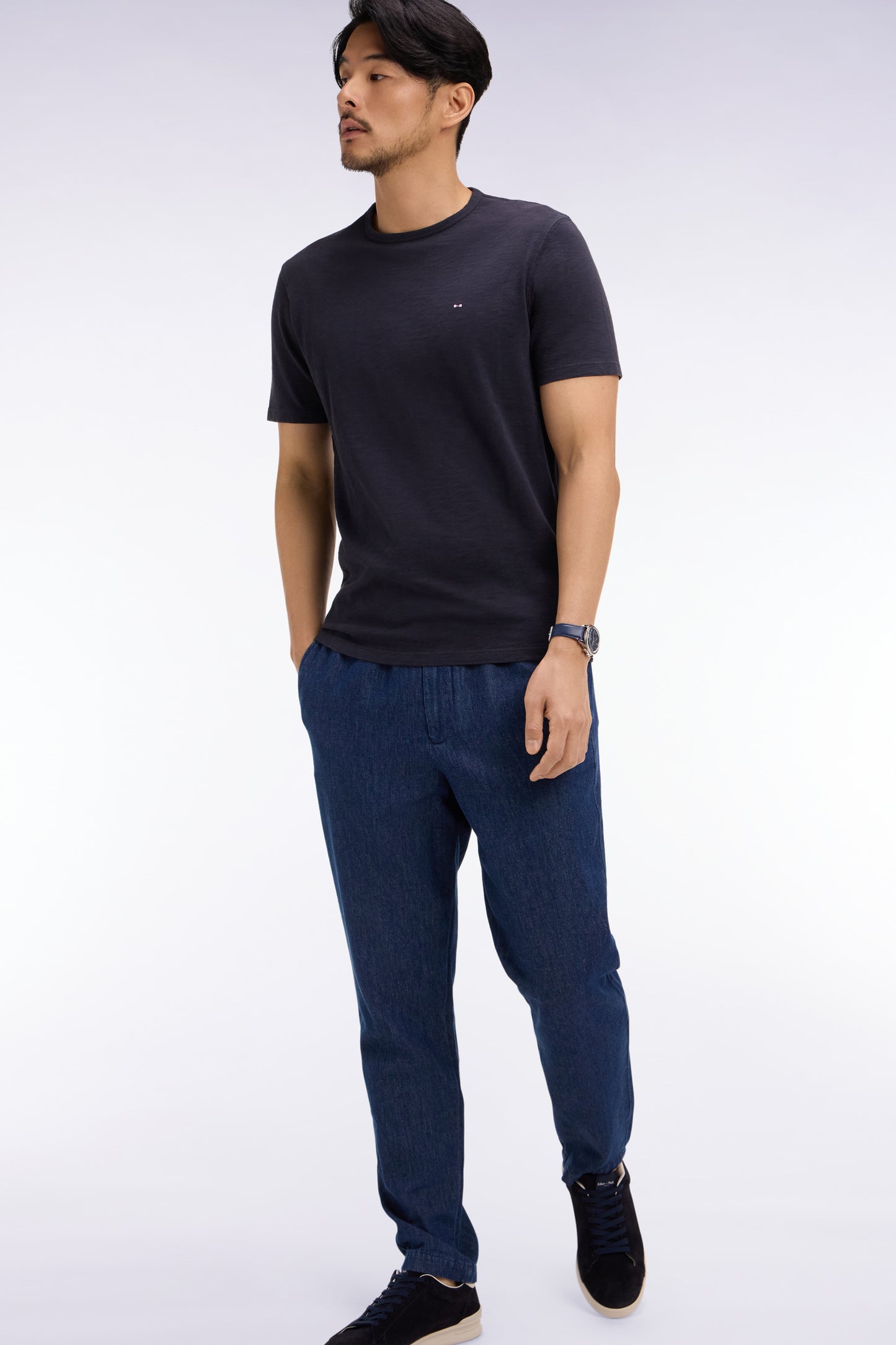 Modern fit blue chambray elasticated waist pants