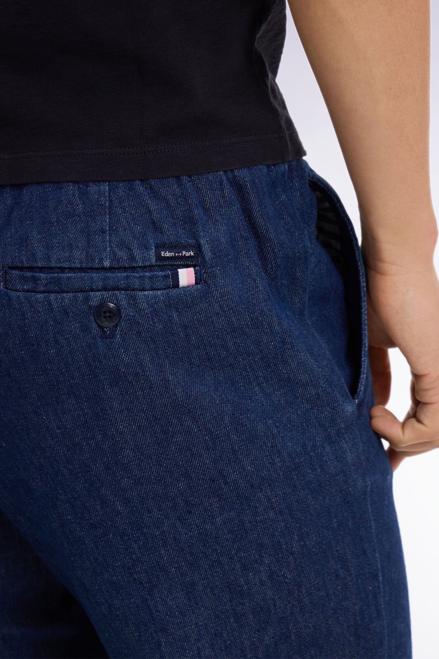 Modern fit blue chambray elasticated waist pants