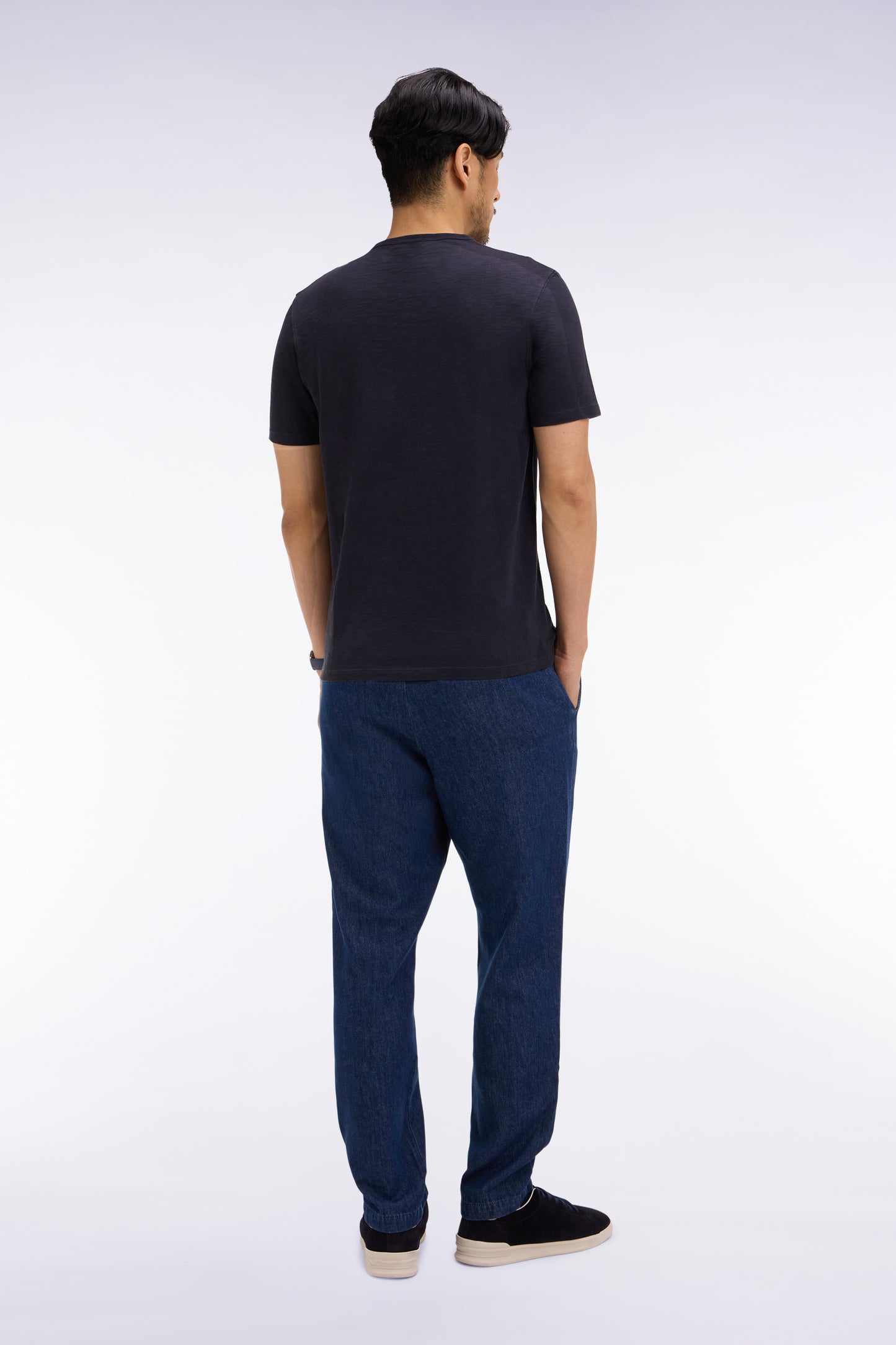 Modern fit blue chambray elasticated waist pants
