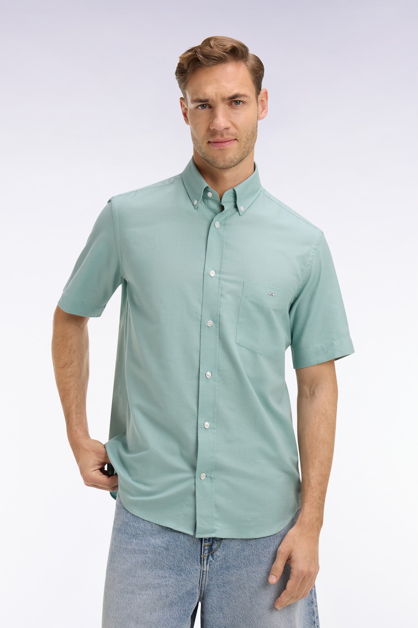 Chemise à manches courtes en piqué coton vert d'eau