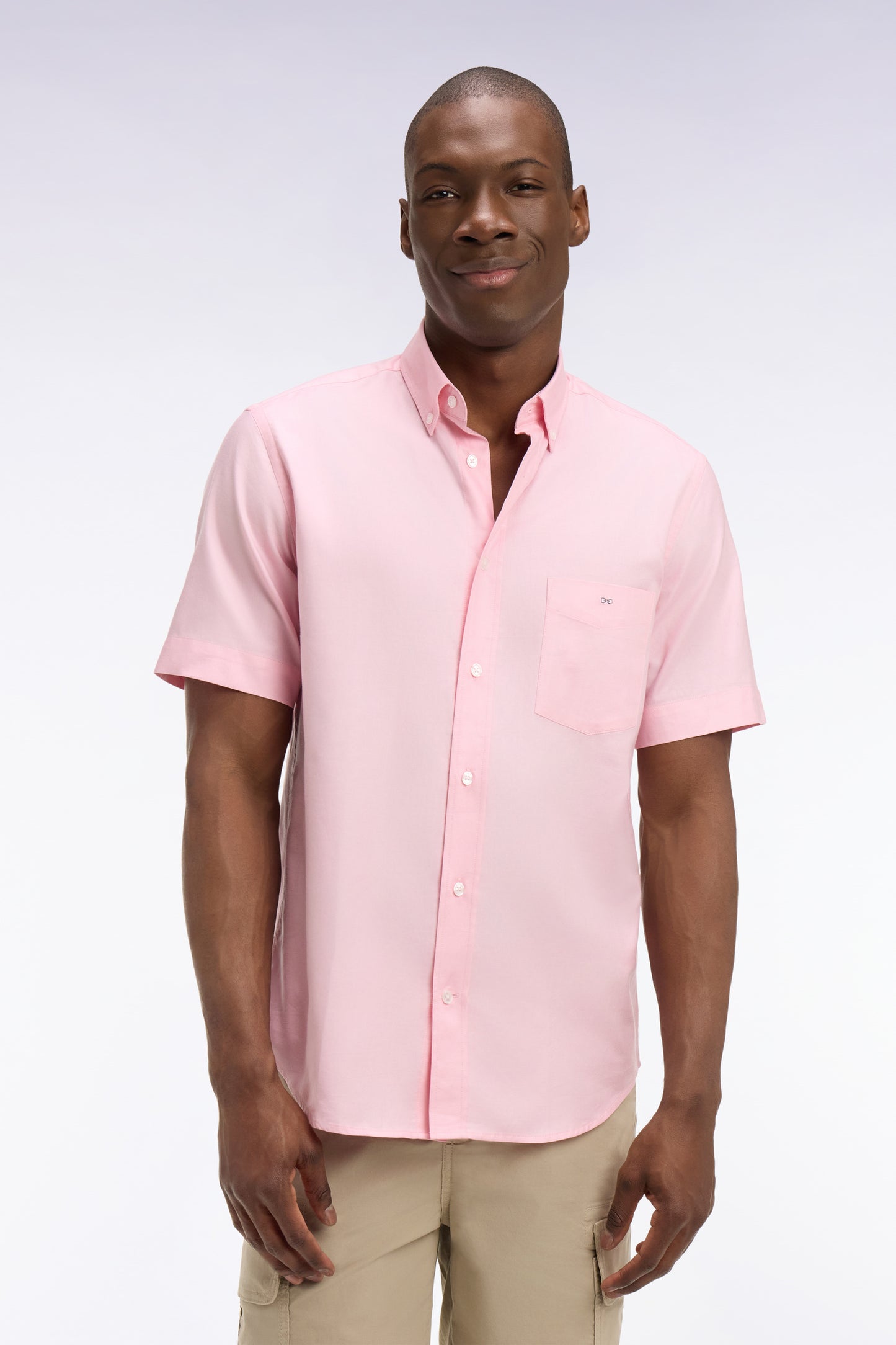 Chemise à manches courtes en coton fil teint rose