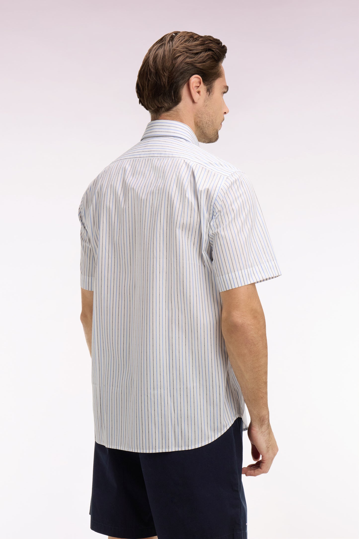 Chemise à manches courtes en dobby de coton rayé bleu ciel