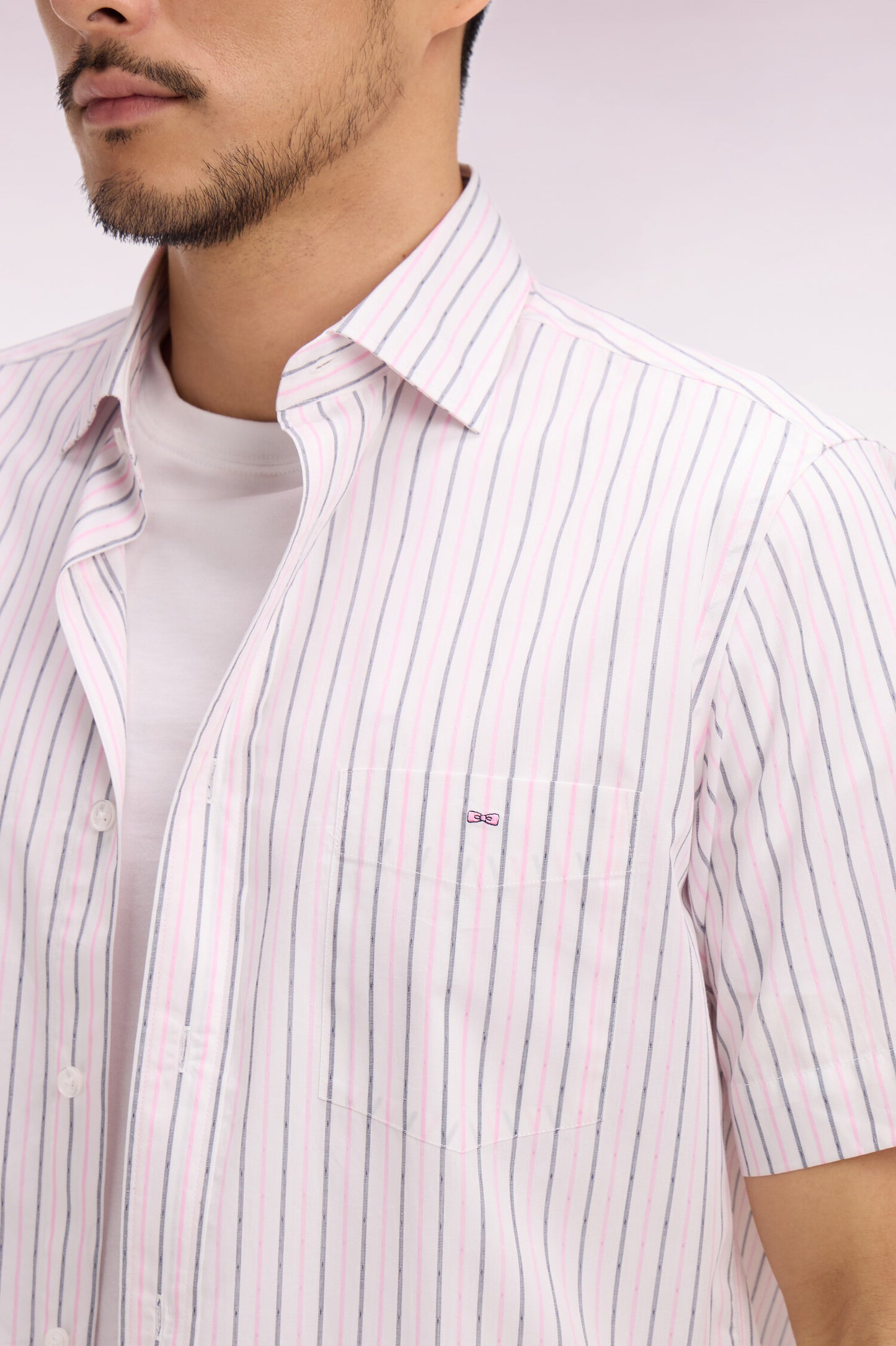 Chemise à manches courtes en dobby de coton rayé rose