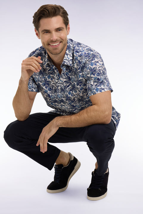 Chemise à manches courtes en popeline de coton marine à motif floral - Image 1