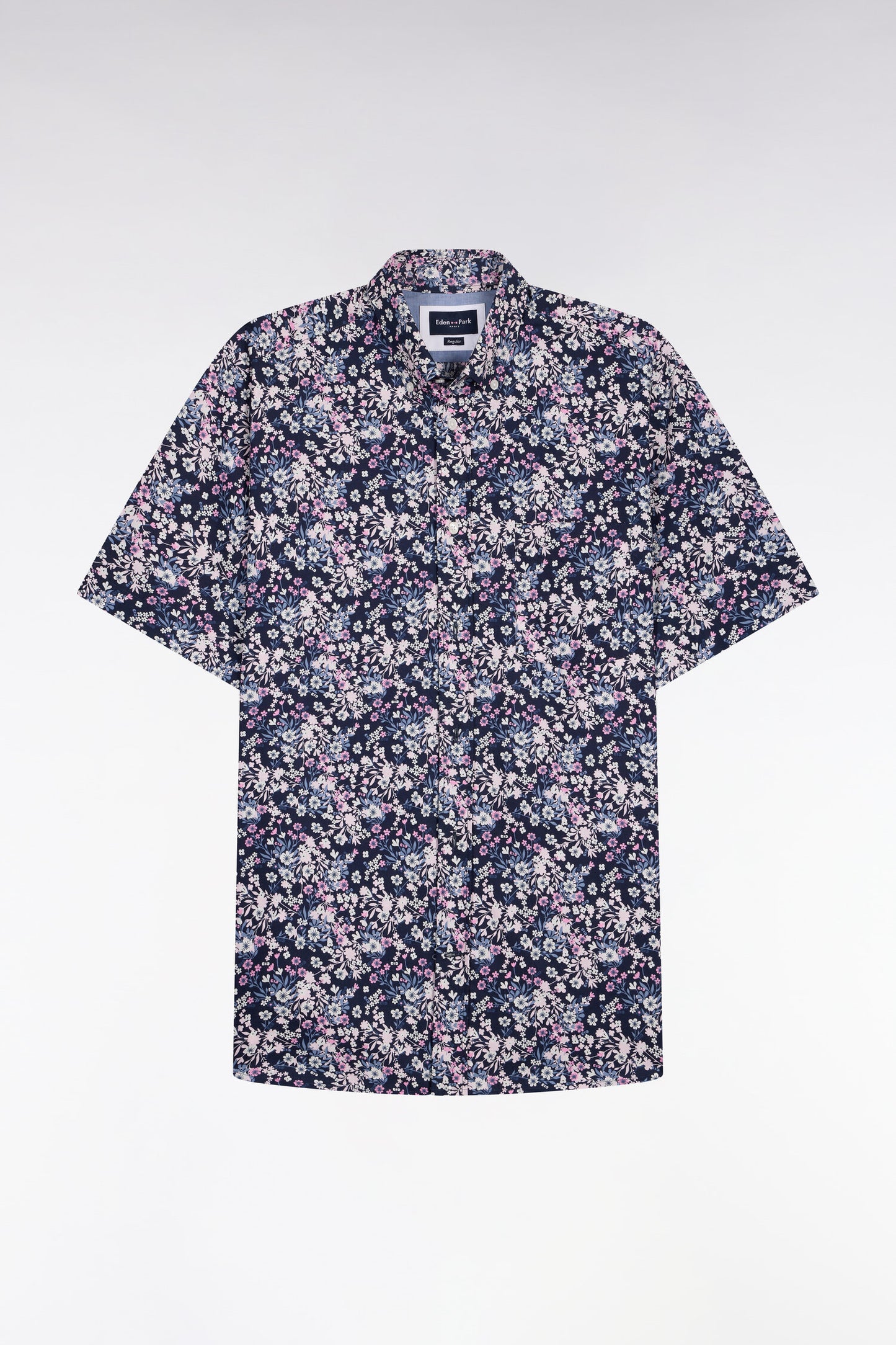 Chemise à manches courtes en popeline et chambray à motif floral rose