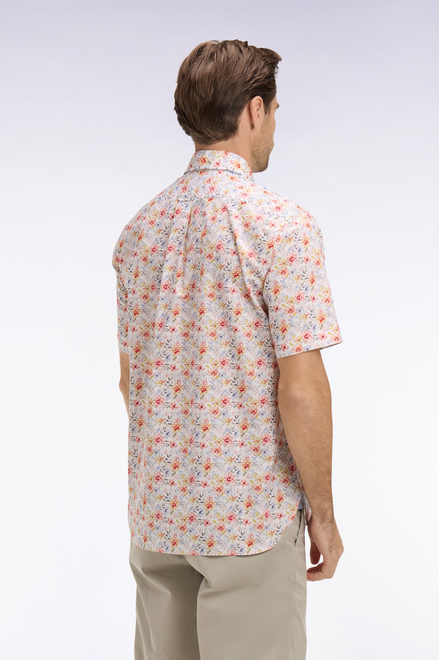 Chemise à manches courtes en popeline et chambray à motif floral orange