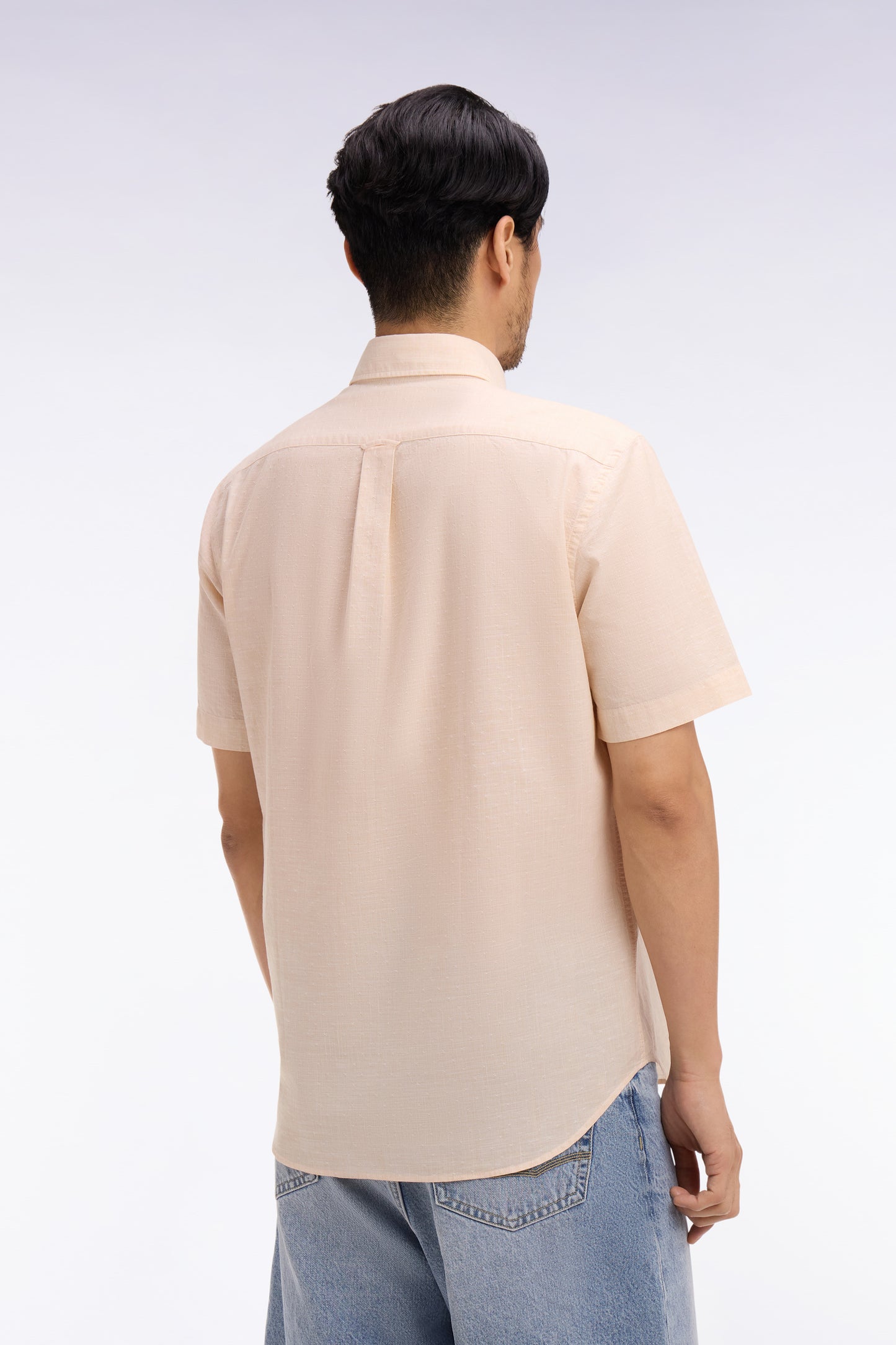 Chemise à manches courtes en coton jacquard rayé beige