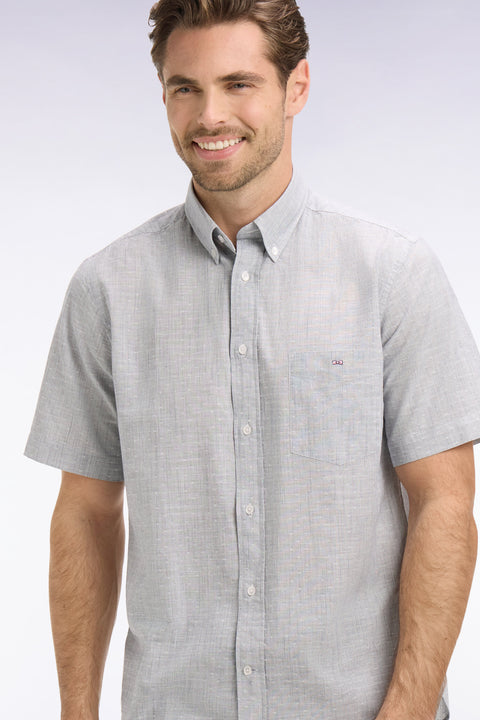 Chemise à manches courtes en coton jacquard rayé marine - Image 1