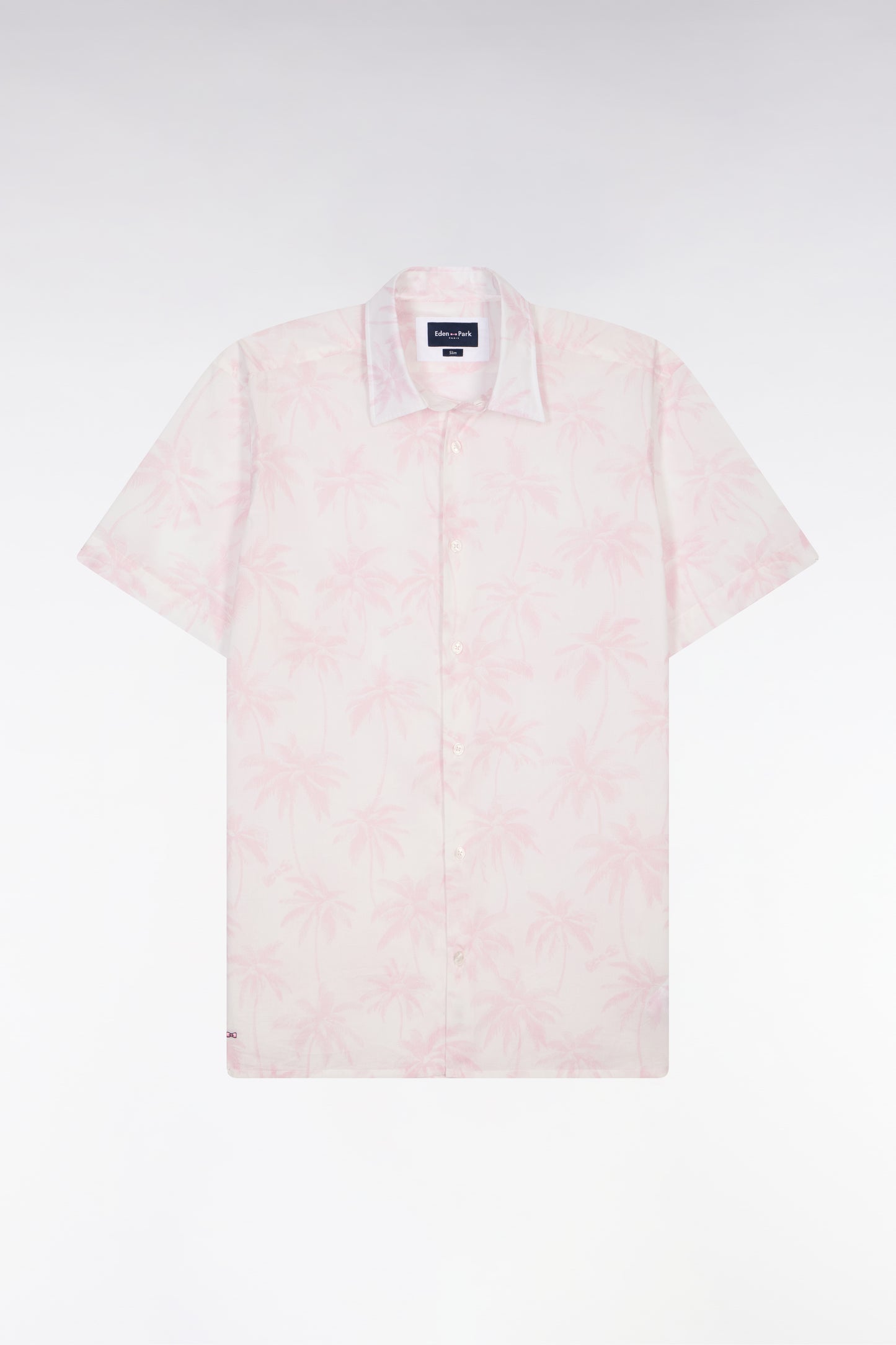 Chemise à manches courtes en coton rose imprimé palmiers coupe slim