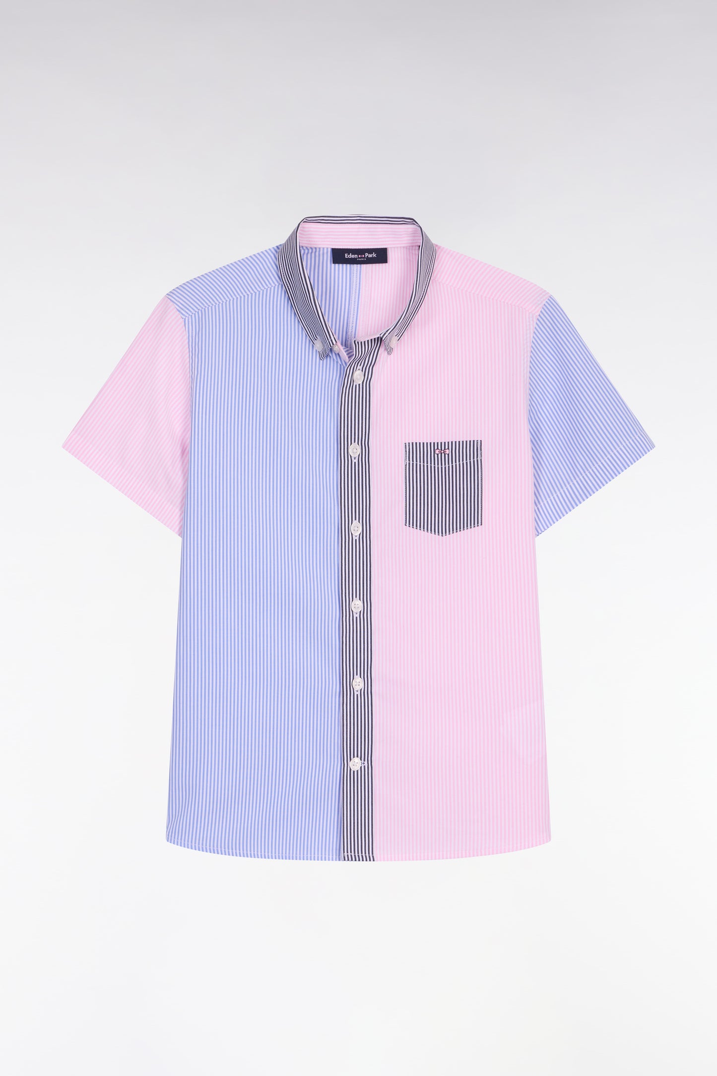 Chemise à manches courtes en coton rayé rose et ciel