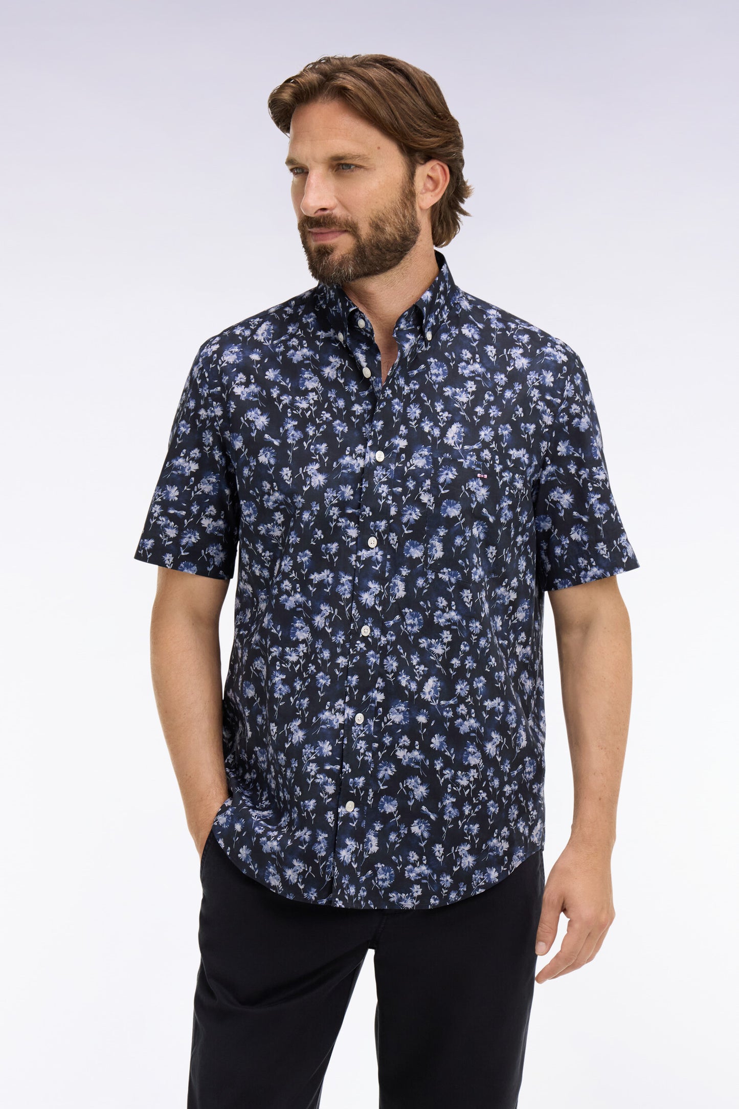 Chemise à manches courtes en coton Pima marine à motif floral