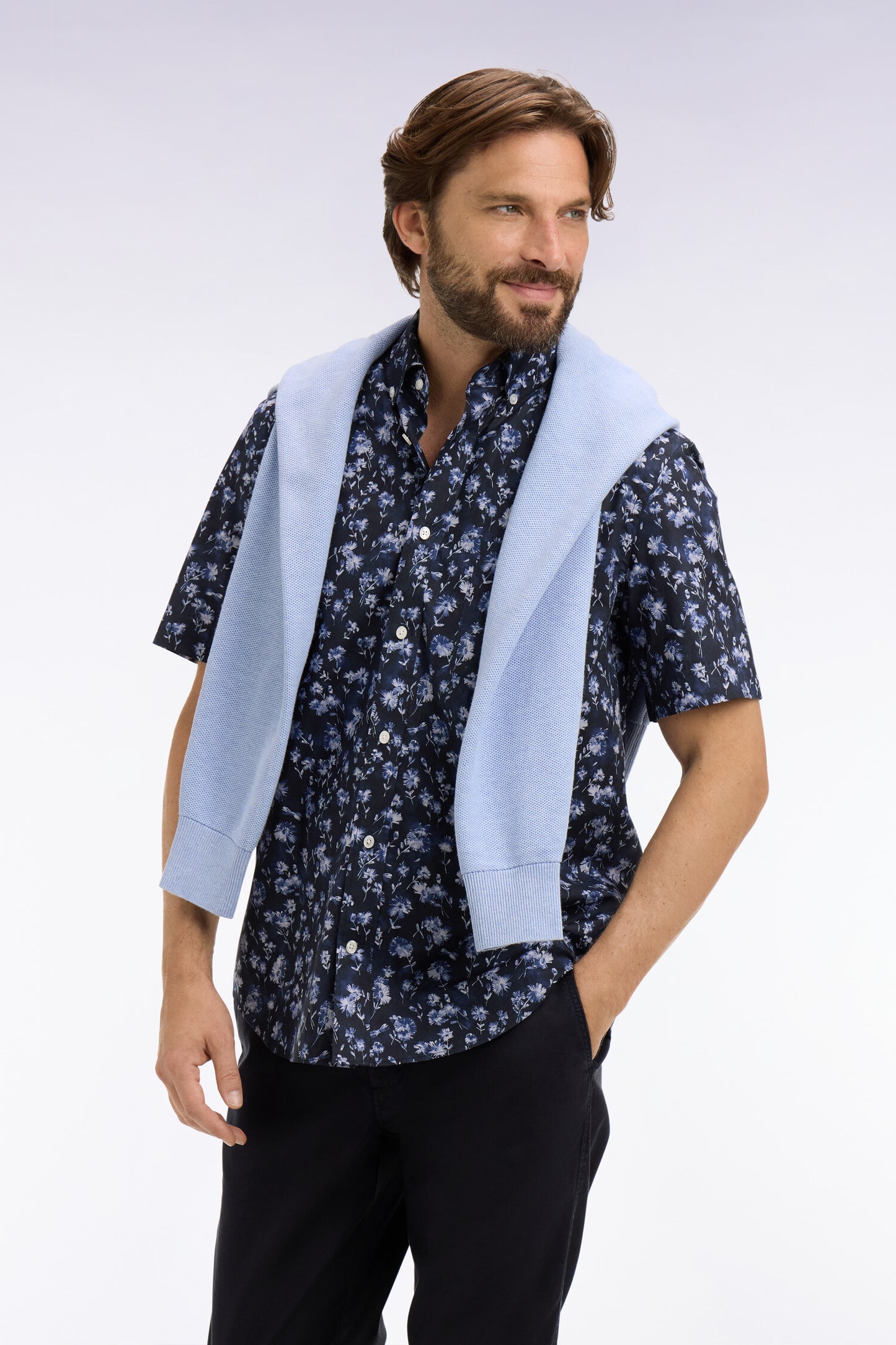 Chemise à manches courtes en coton Pima marine à motif floral