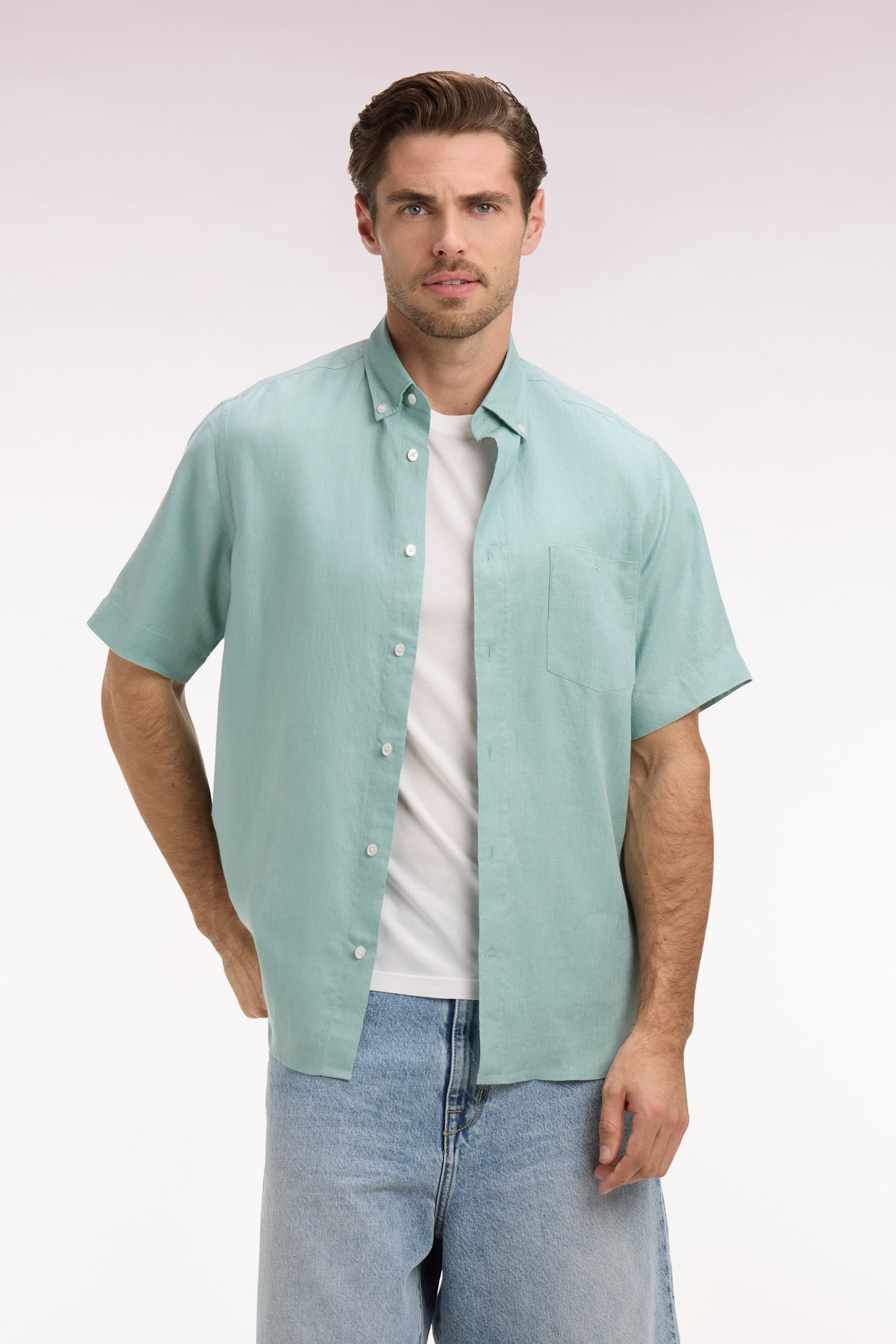 Chemise à manches courtes en lin vert d'eau