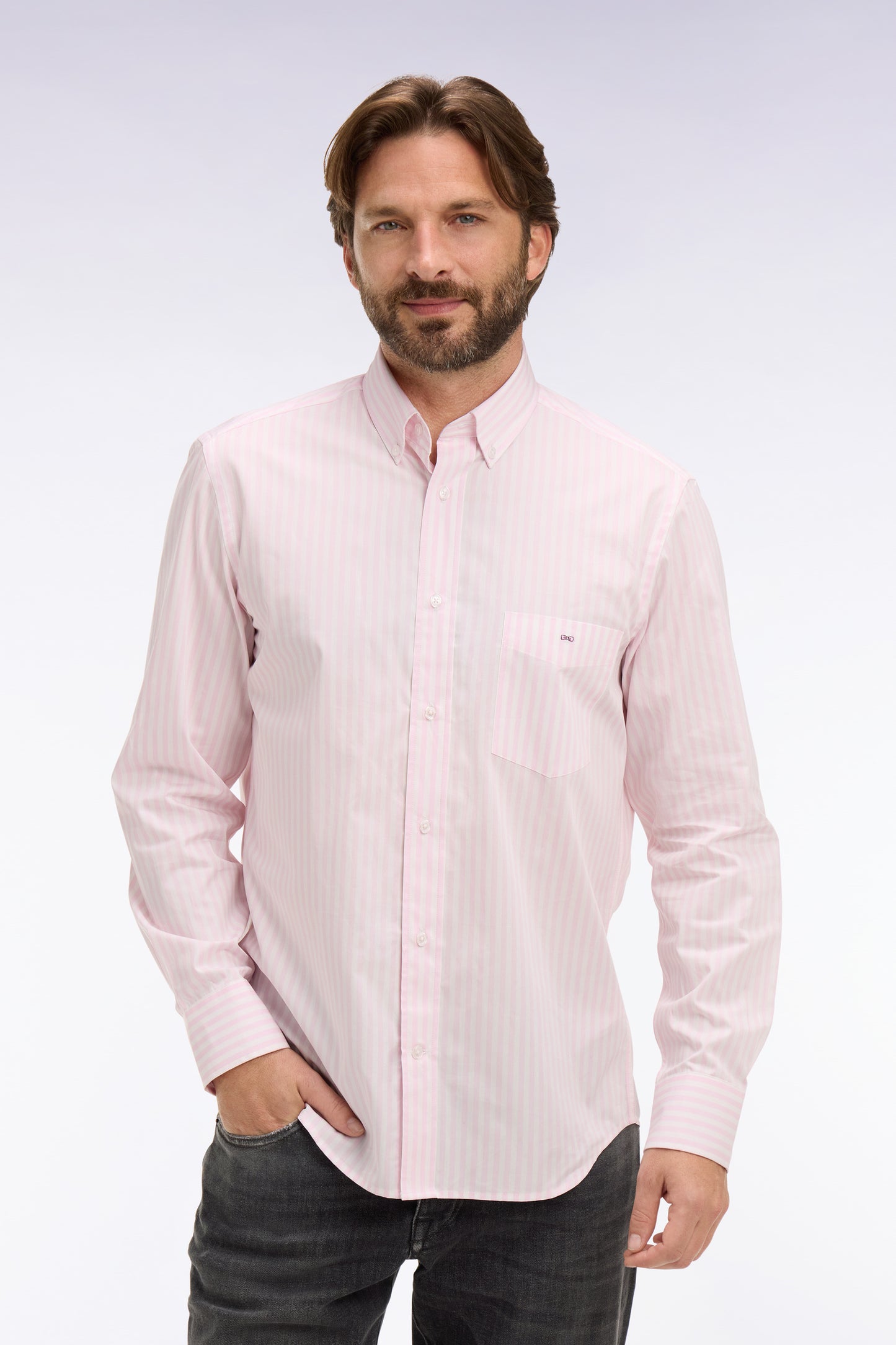 Chemise en coton rose à rayures bâtons