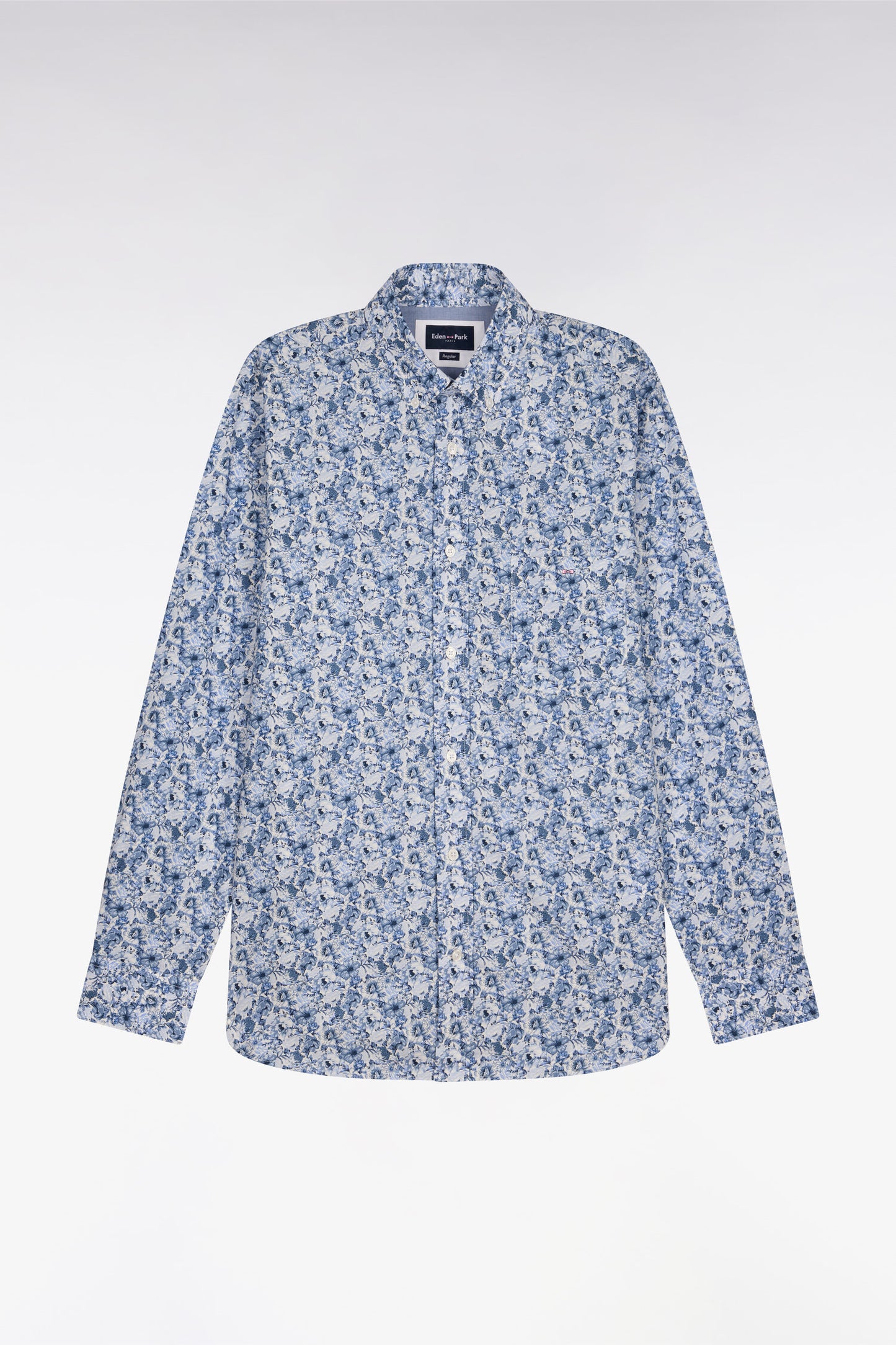 Chemise en popeline de coton bleu à motif floral