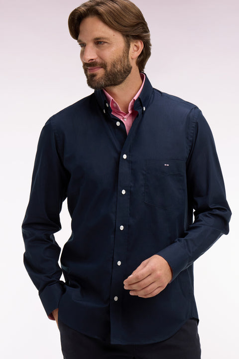 Chemise en coton pinpoint marine détails roses - Image 1