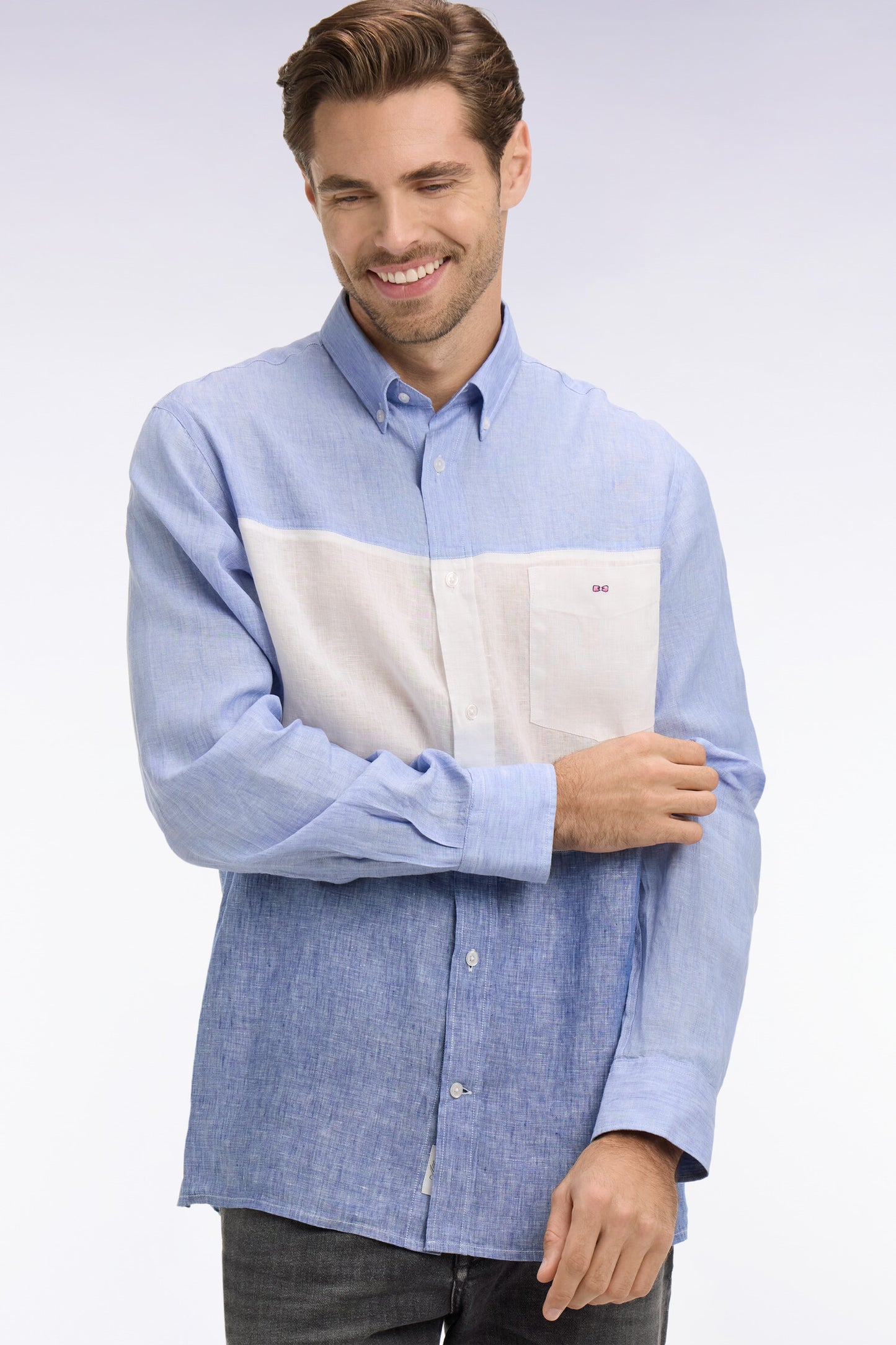 Chemise en lin bleu tricolore