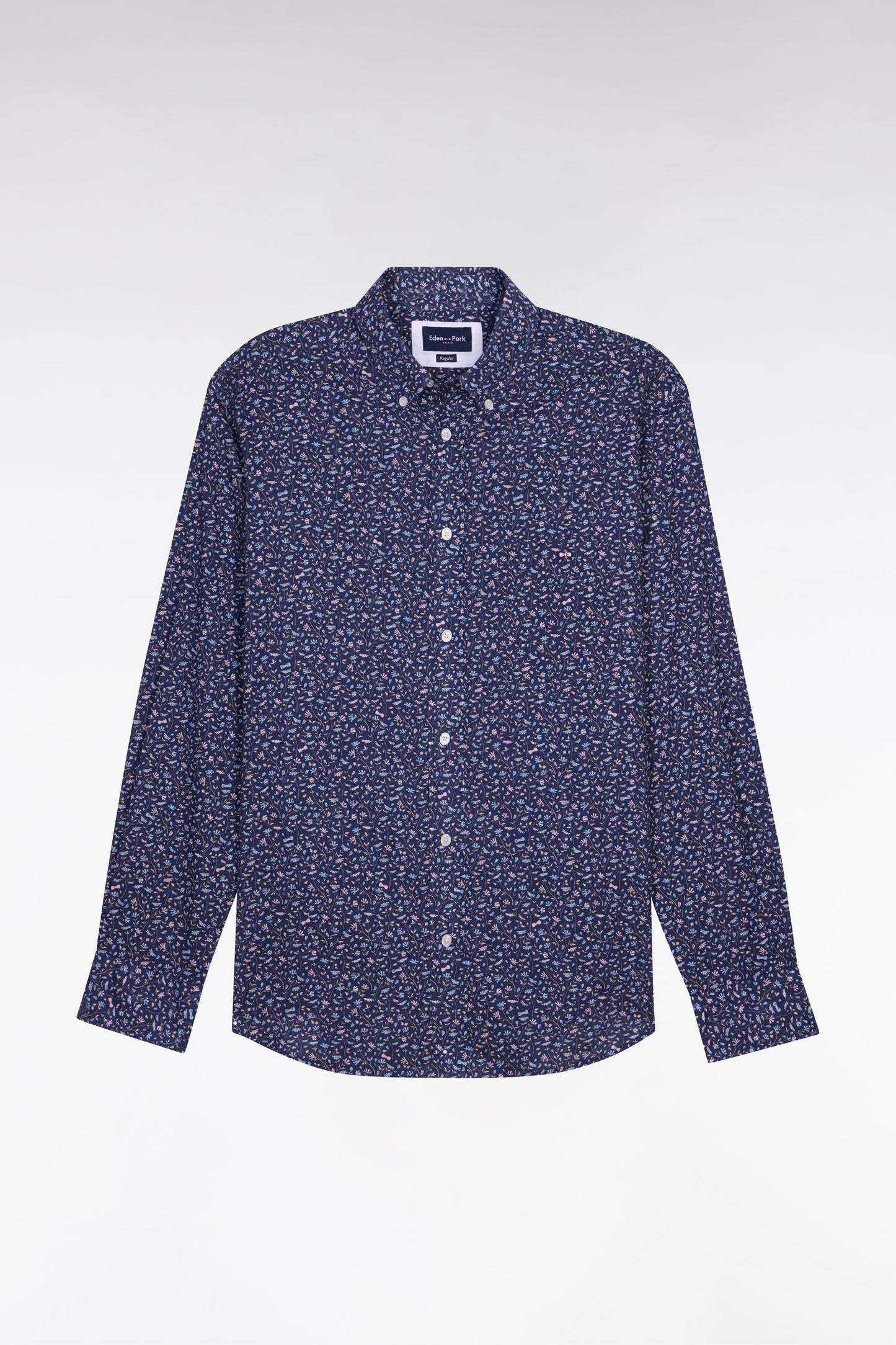 Chemise en popeline de coton marine à microimprimé floral coupe regular