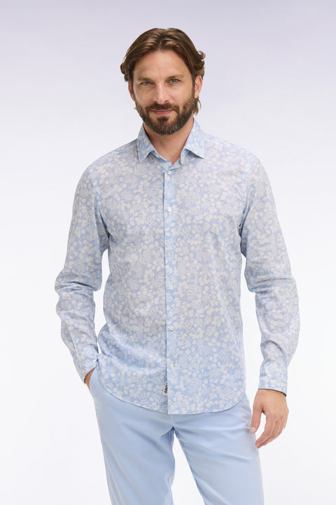 Chemise en popeline de coton bleu ciel à micromotifs végétal coupe slim - Image 3