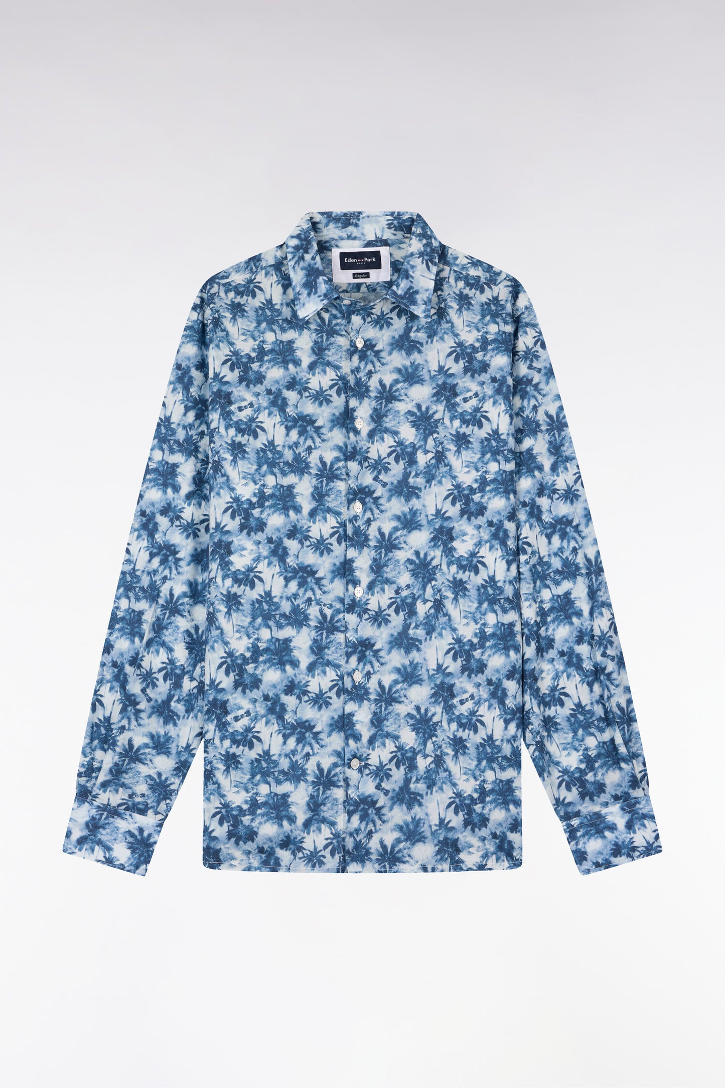 Chemise en popeline de coton imprimé palmiers bleu coupe regular