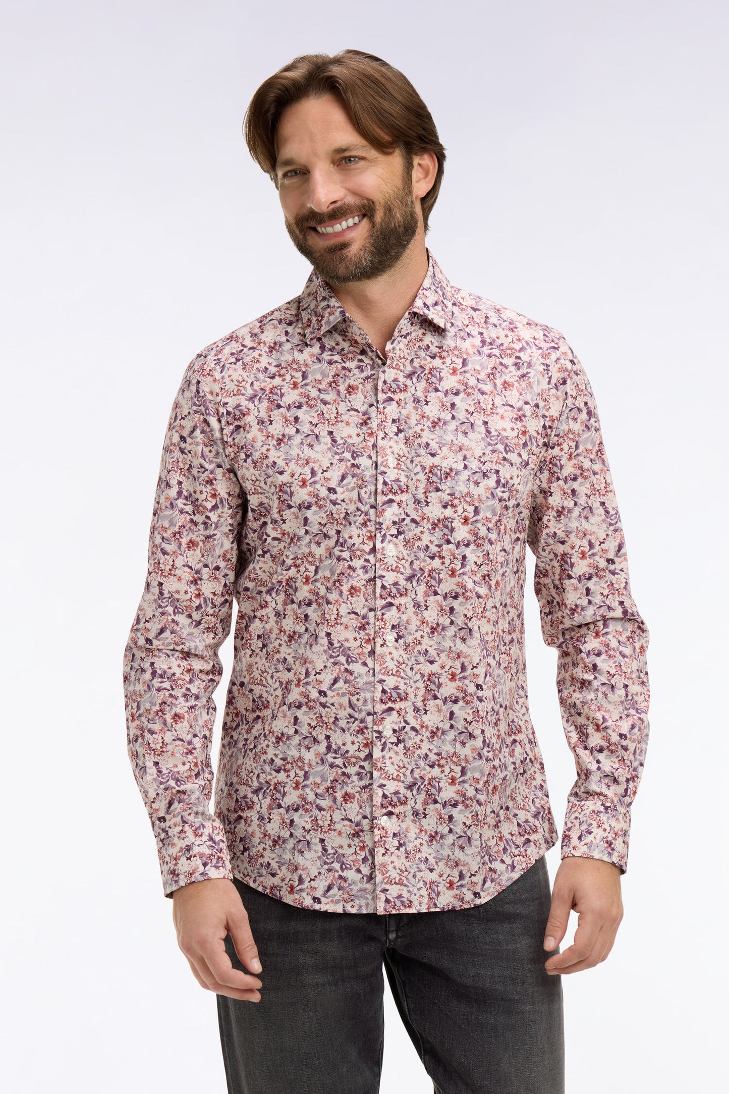 Chemise en popeline de coton blanche à microimprimé floral coupe slim