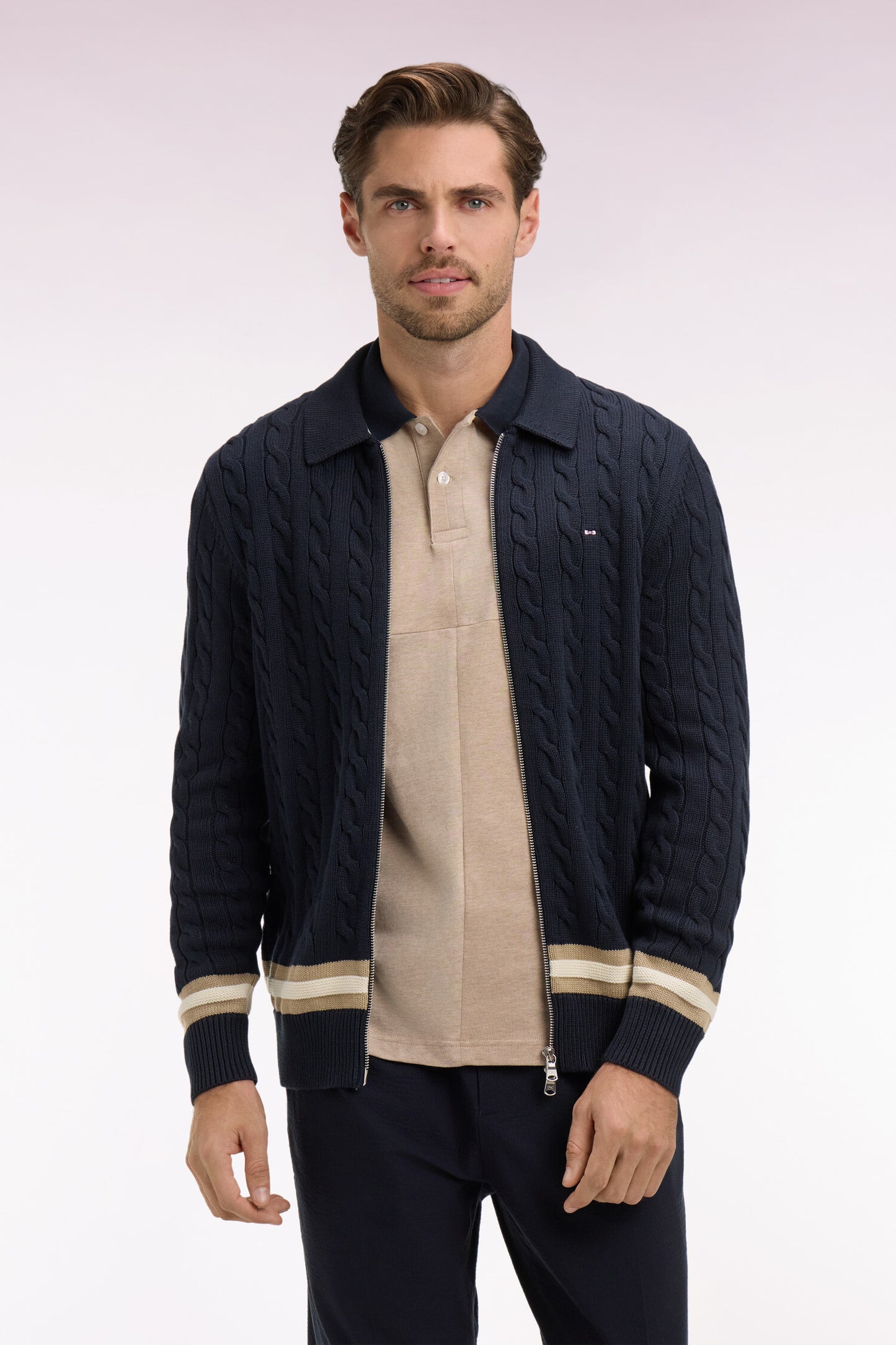 Cardigan zippé à torsade en coton marine