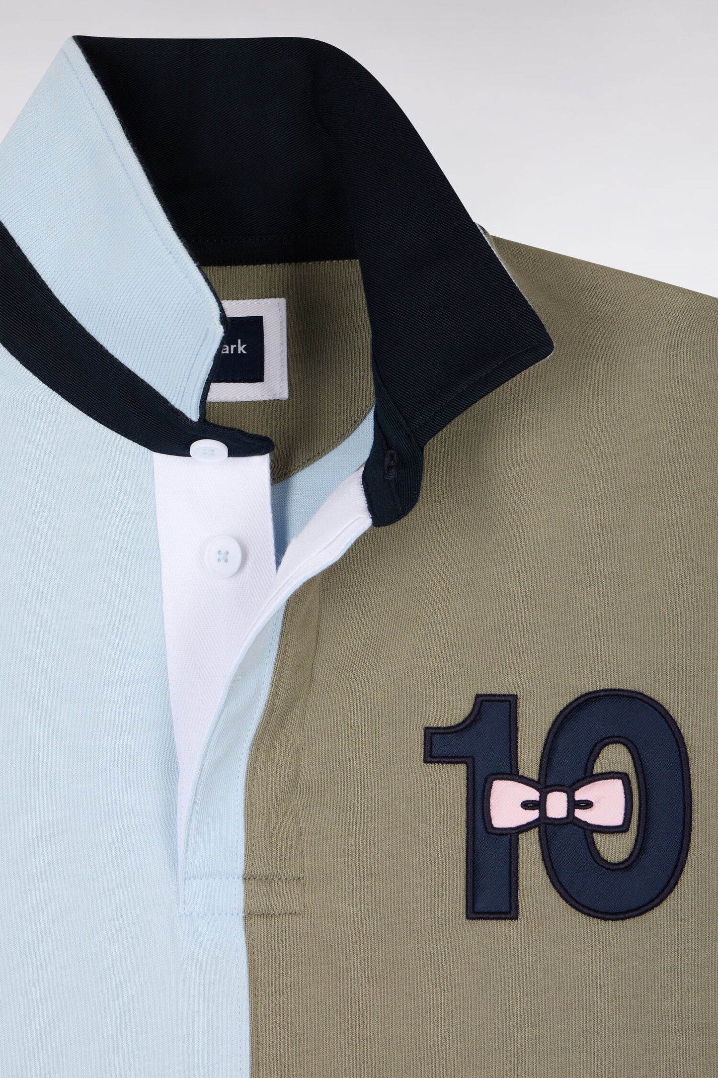 Maillot à manches courtes en coton bicolore kaki et bleu ciel broderie 10 coupe Regular