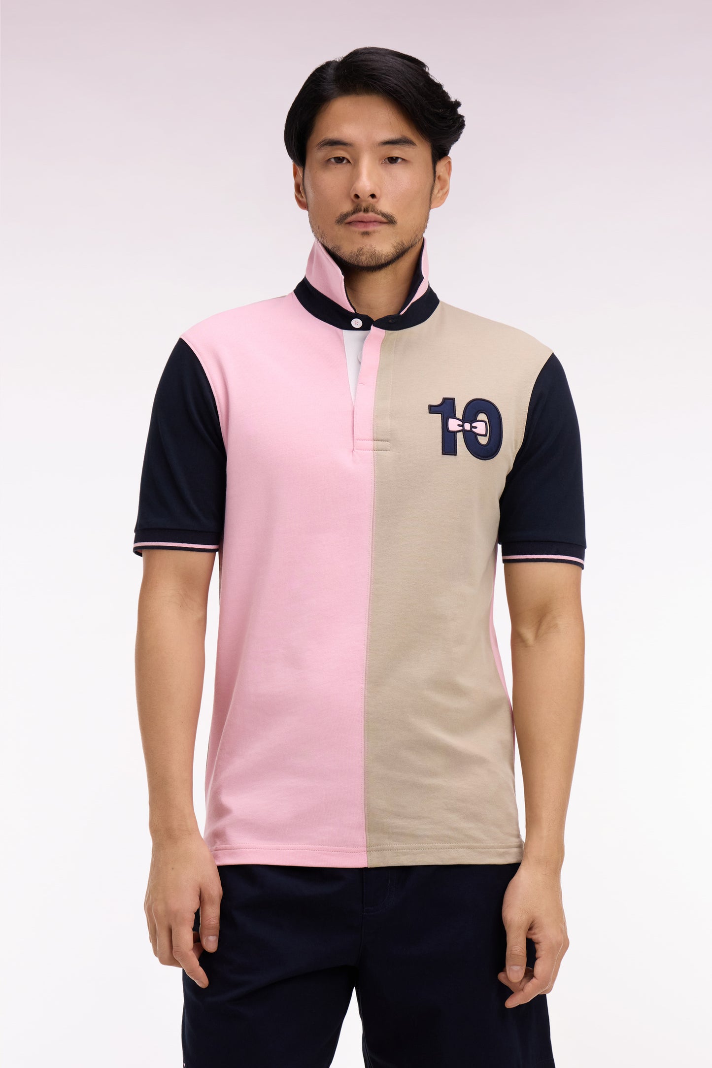 Short-sleeved jersey in two-tone pink and beige cotton with embroidery 10 Regular fit