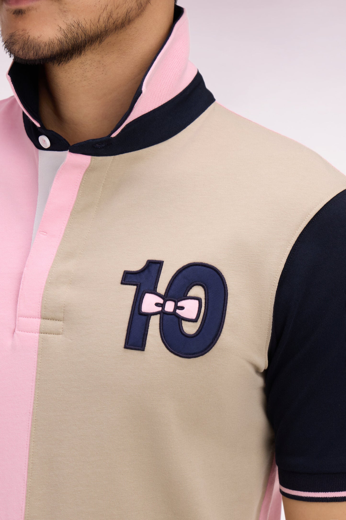Short-sleeved jersey in two-tone pink and beige cotton with embroidery 10 Regular fit