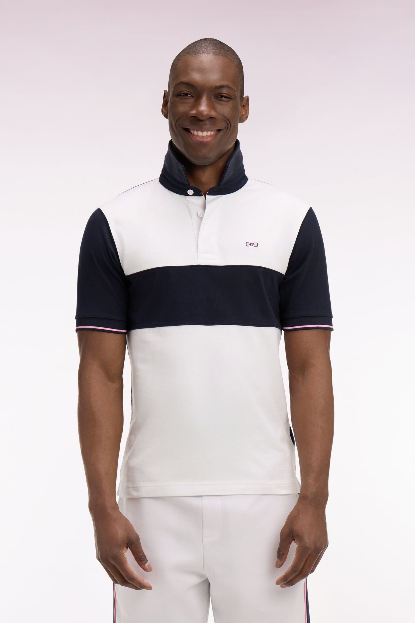 Maillot à manches courtes en coton blanc et marine coupe regular