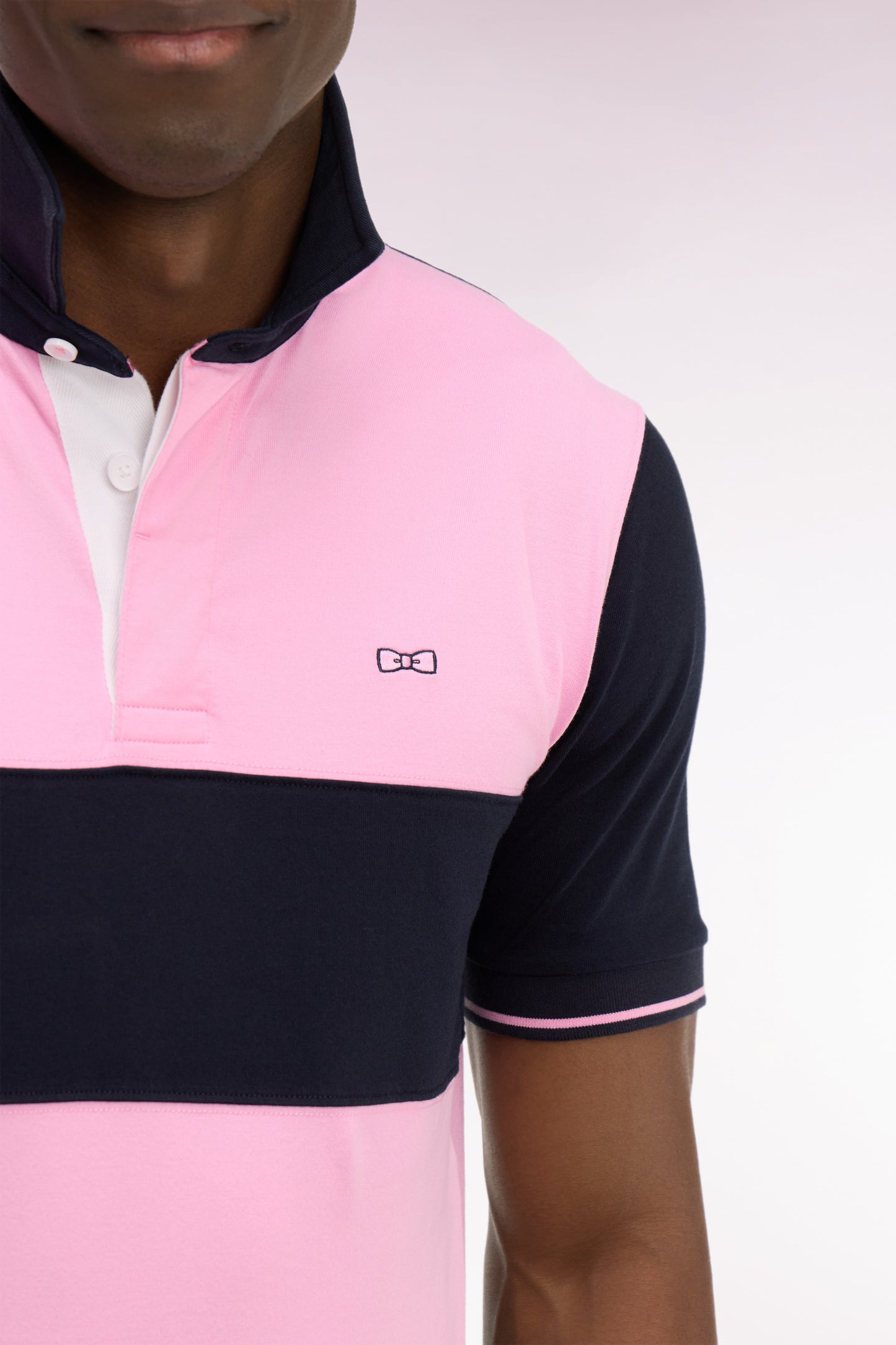 Maillot à manches courtes en coton rose et marine coupe regular