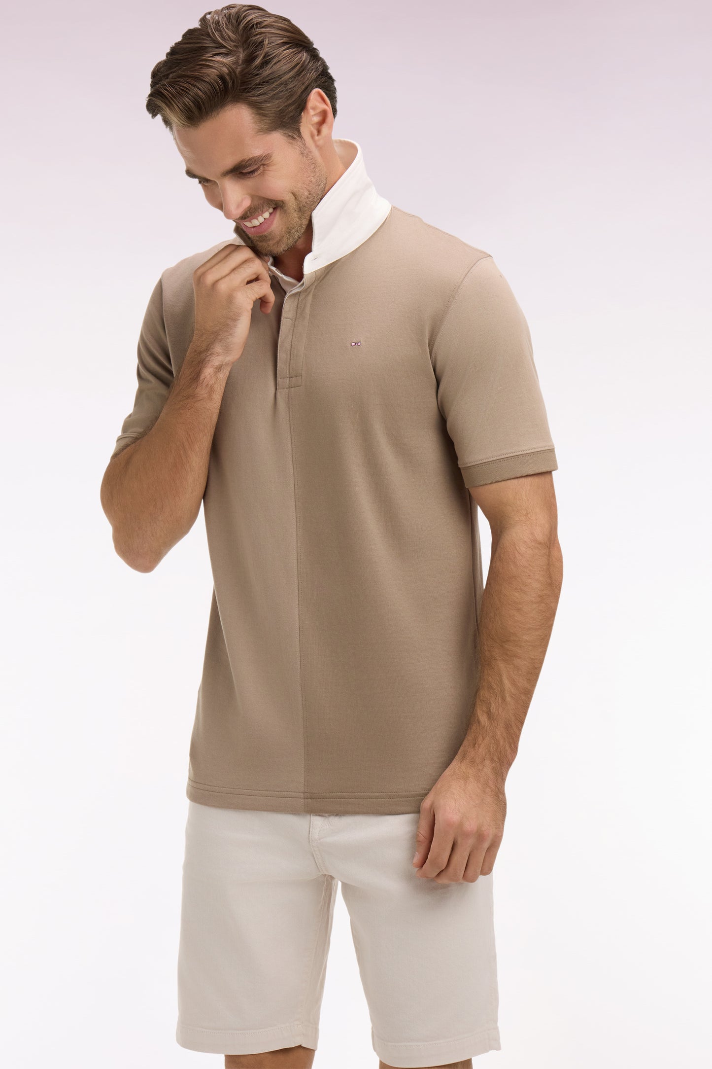 Maillot à manches courtes à découpes verticales en coton beige coupe regular