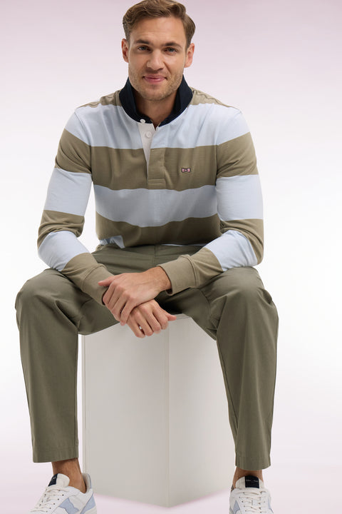 Maillot à manches longues en coton à rayures rugby ciel et kaki - Image 1