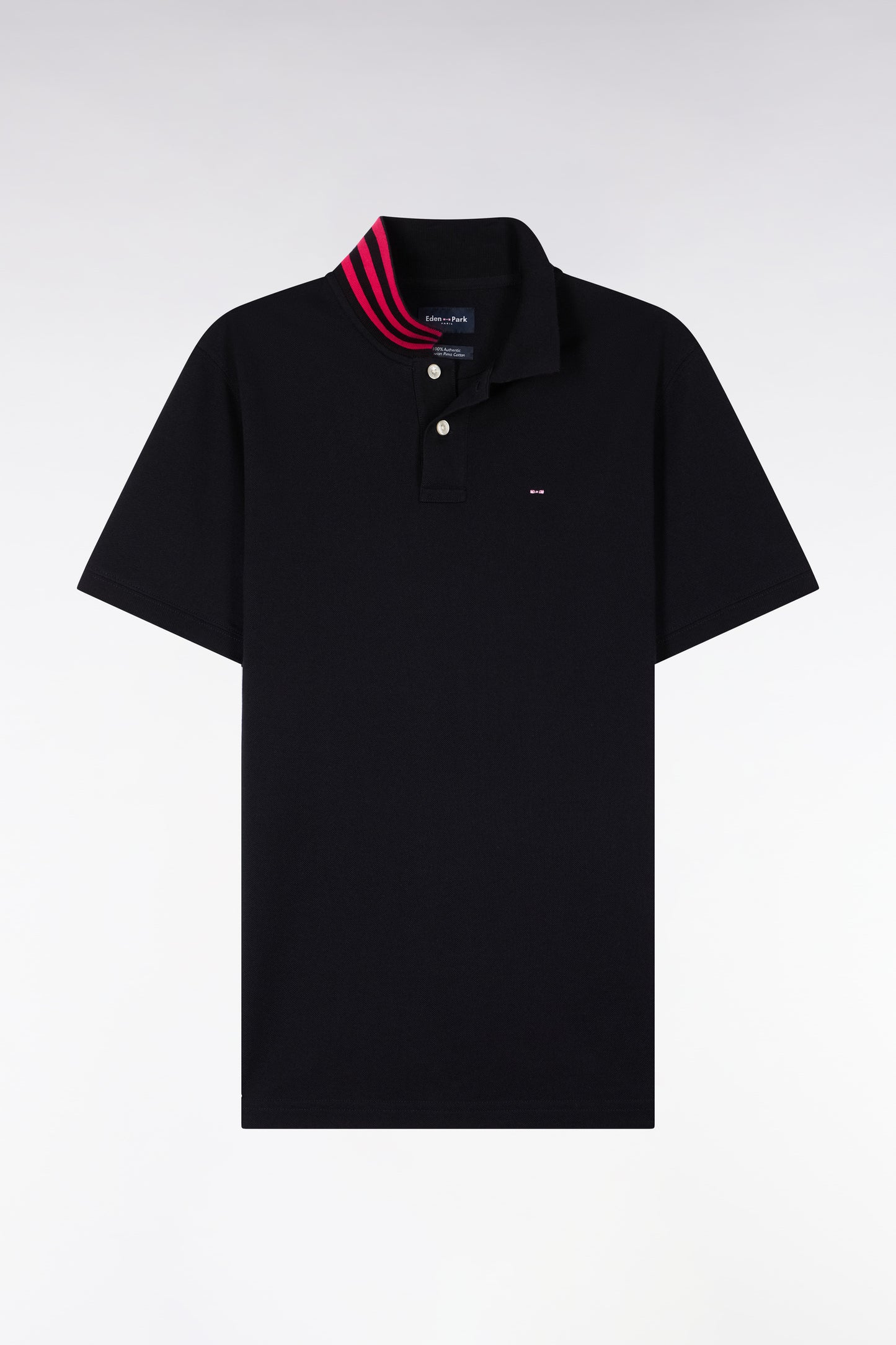 Polo manches courtes en piqué coton noir dessous de col rayé coupe slim