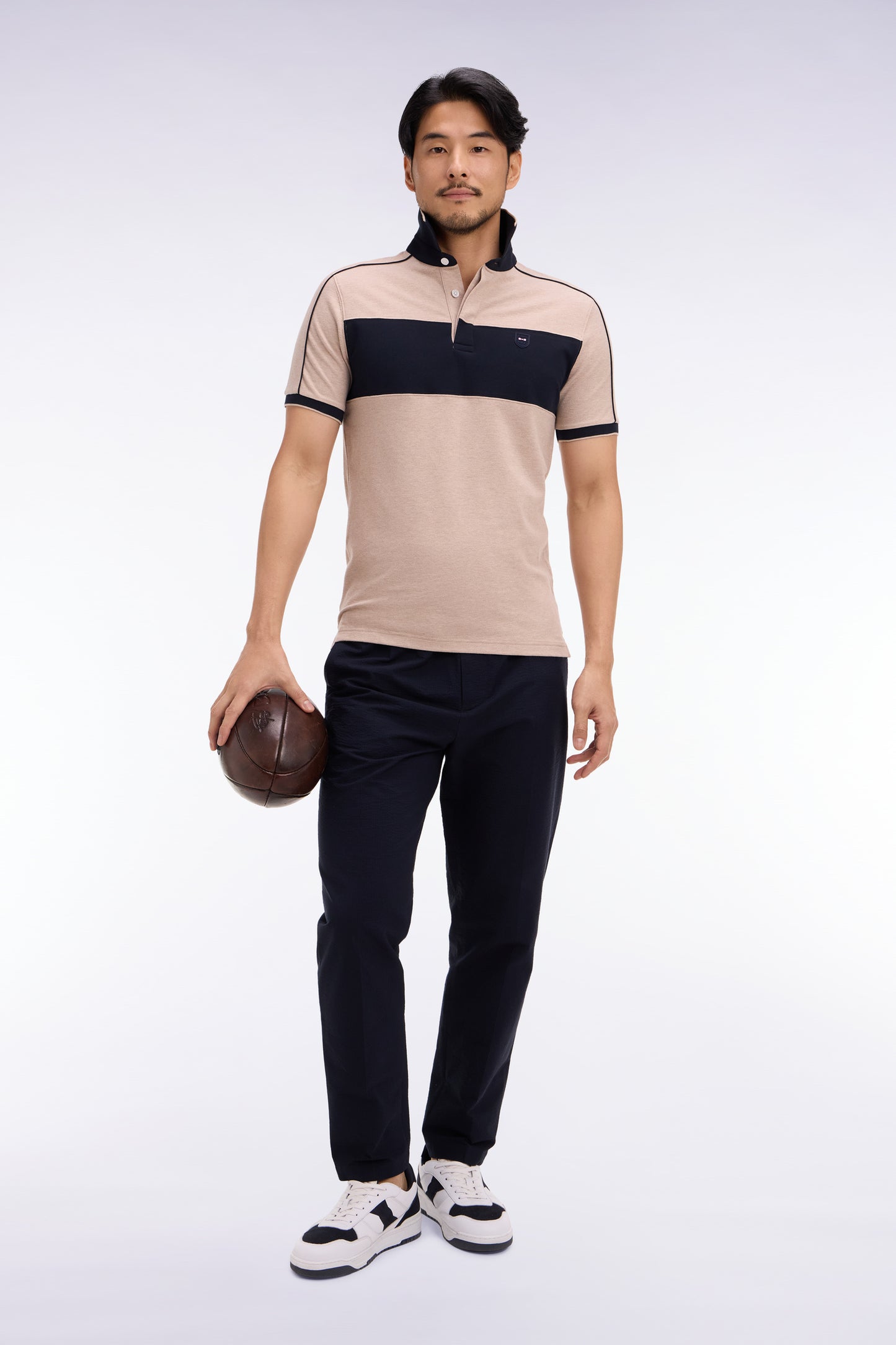 Polo à manches courtes en coton stretch marine et beige coupe slim