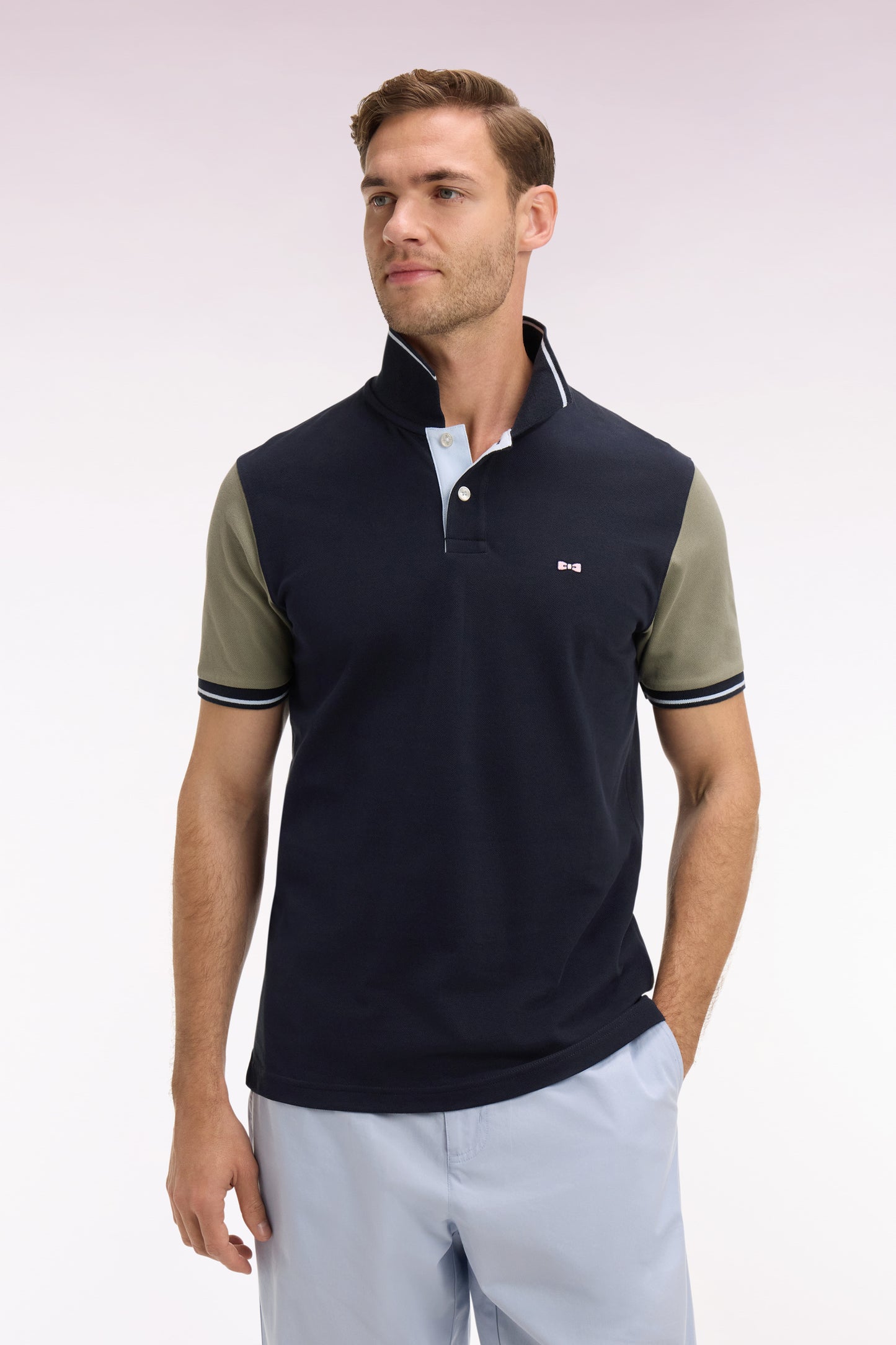 Polo à manches courtes en coton marine et kaki