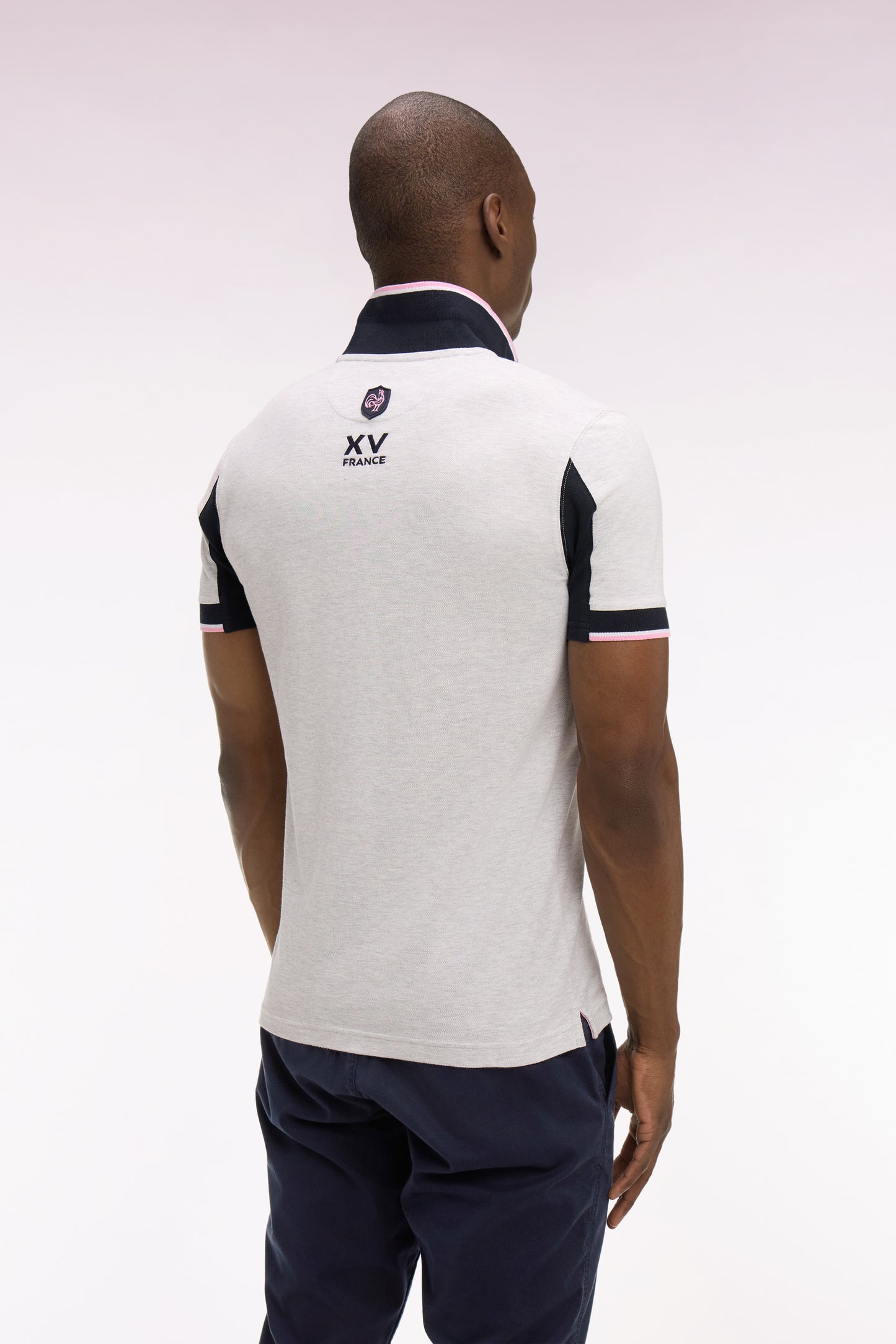 Polo à manches courtes XV de France en piqué coton gris clair à découpes de manches