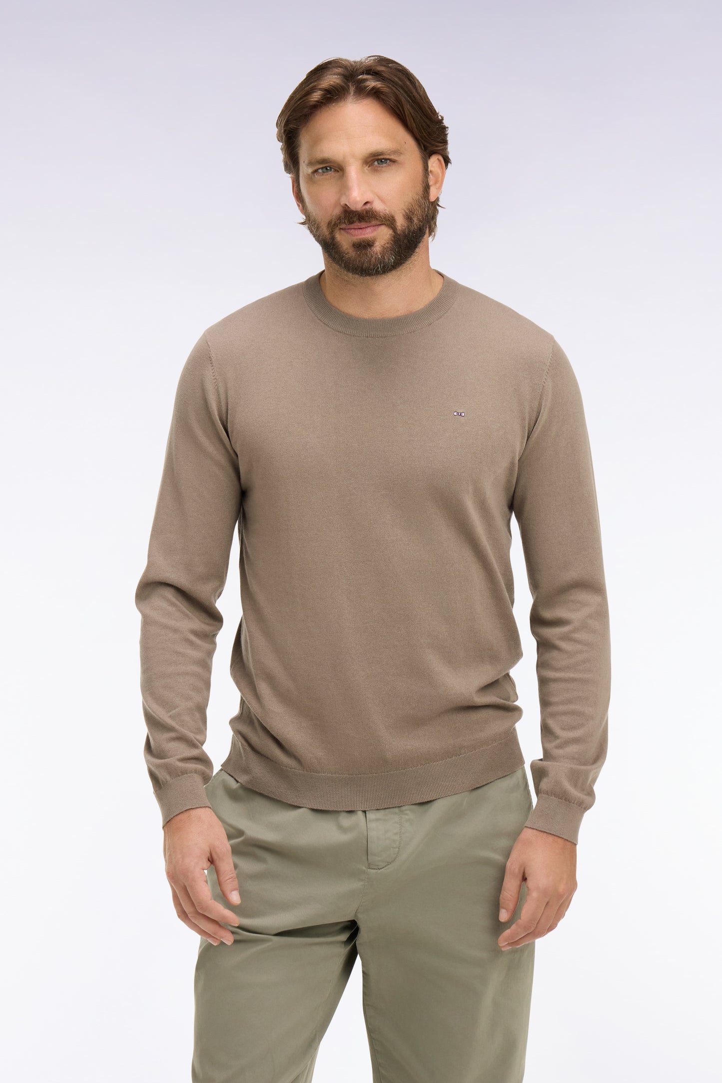 Pull col rond en coton et soie mélangés beige