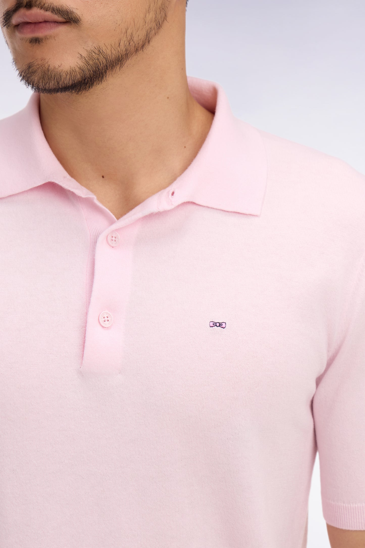 Pull manches courtes col polo en coton et soie mélangés rose