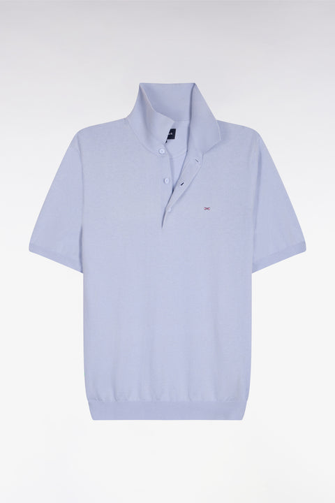 Pull manches courtes col polo en coton et soie mélangés bleu ciel - Image 2