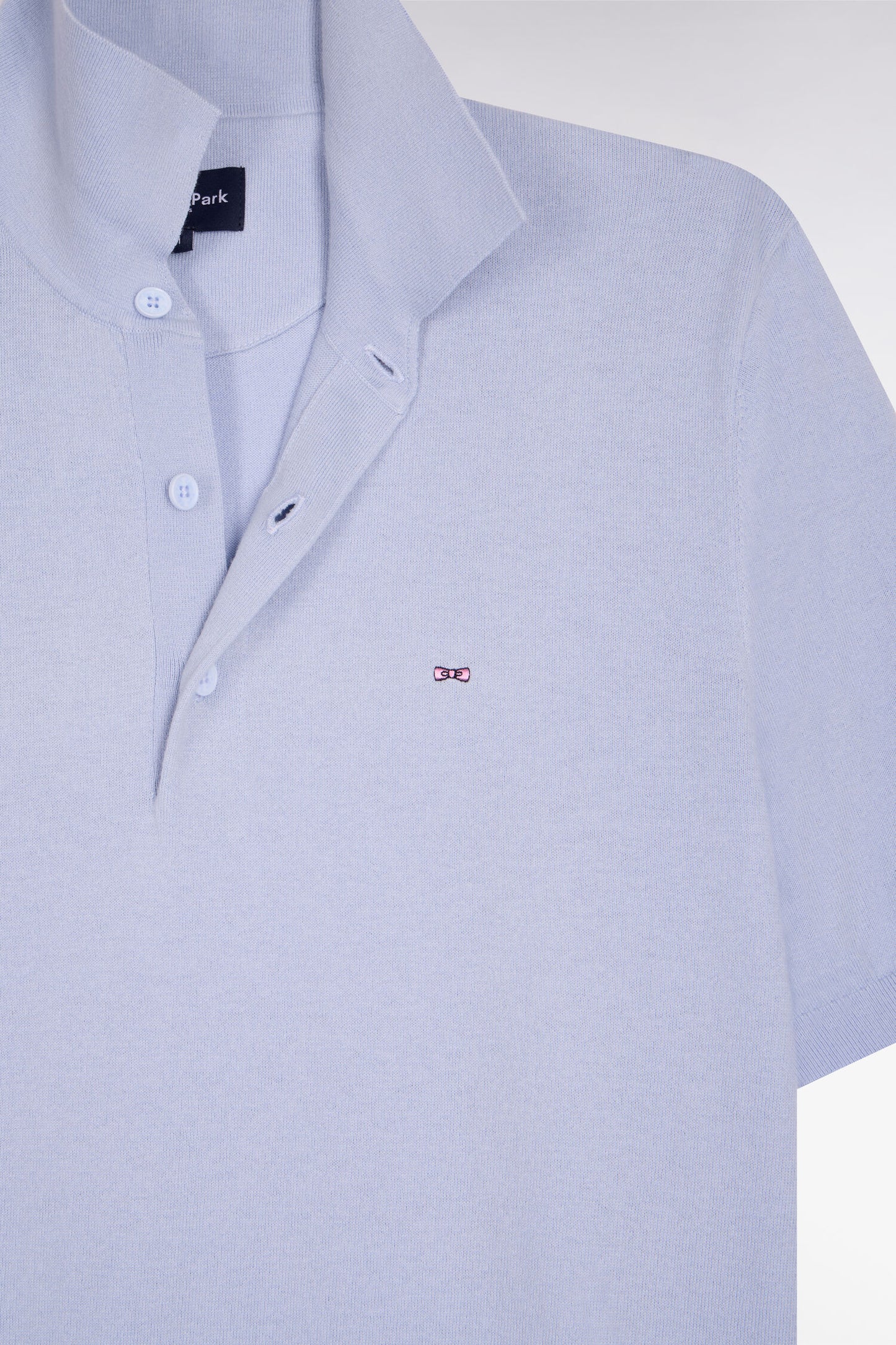 Pull manches courtes col polo en coton et soie mélangés bleu ciel